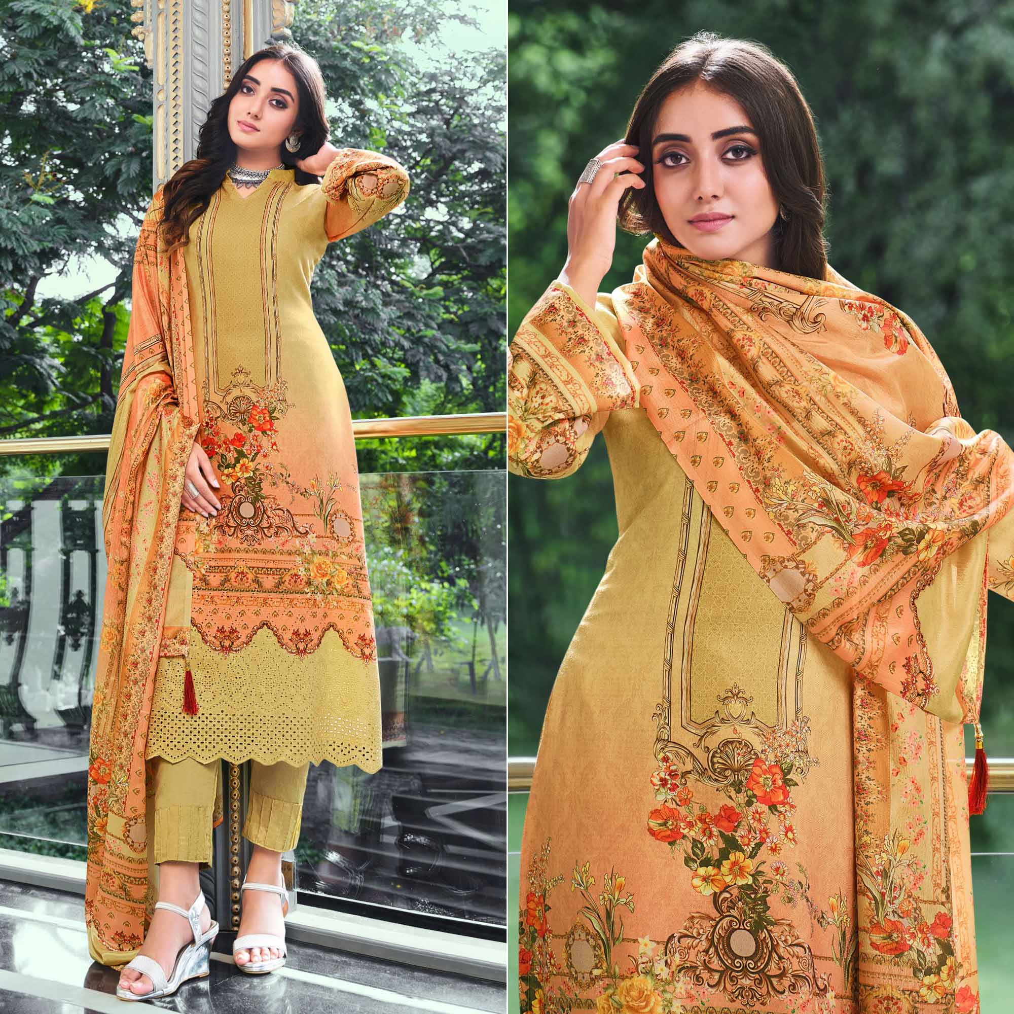 Green And Peach Digital Printed With Daman Embroidered Pure Cotton Pakistani Suit