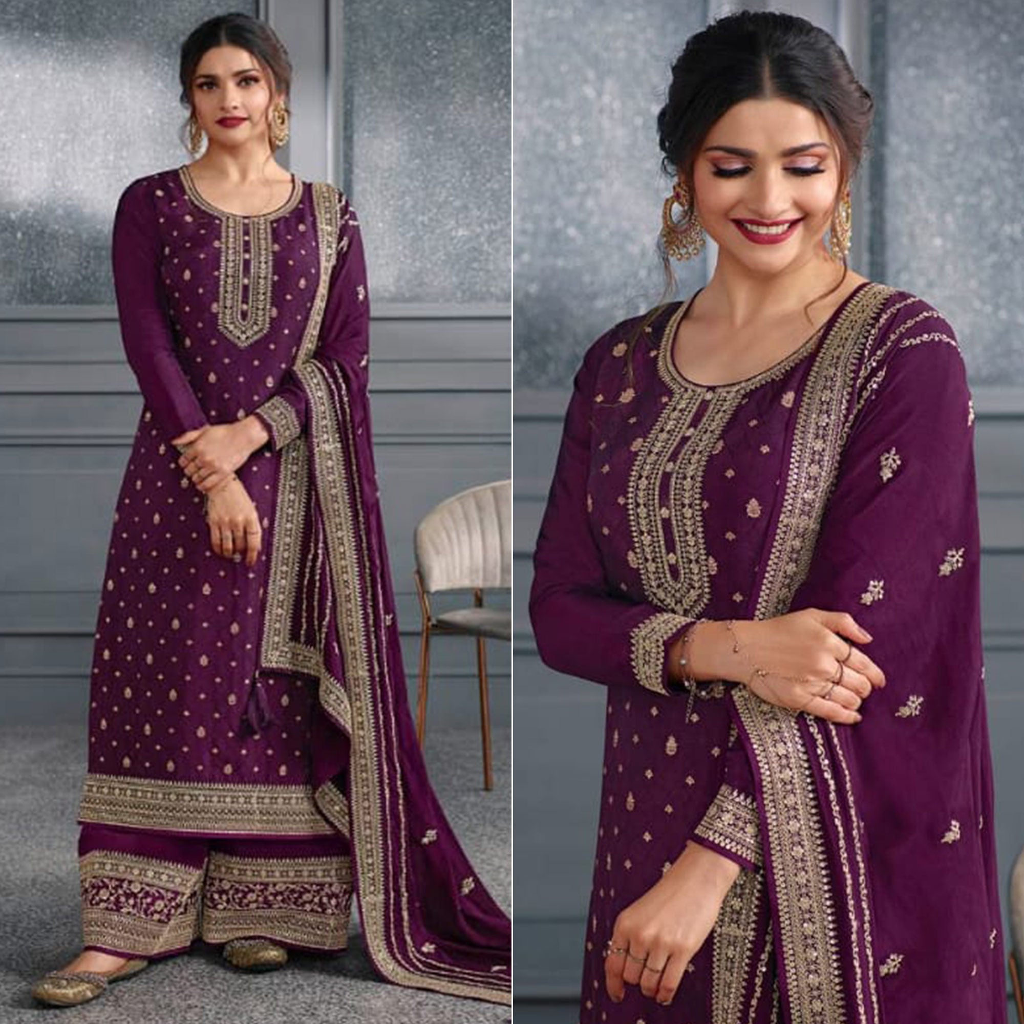 Purple Woven With Sequins Embroidered Dola Silk Palazzo Suit
