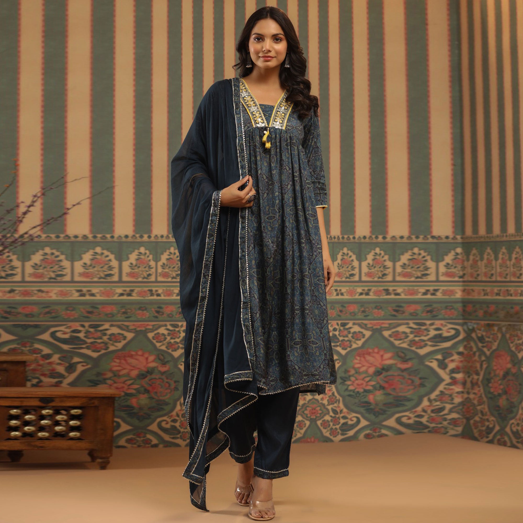 Blue Floral Printed Muslin Naira Cut Suit