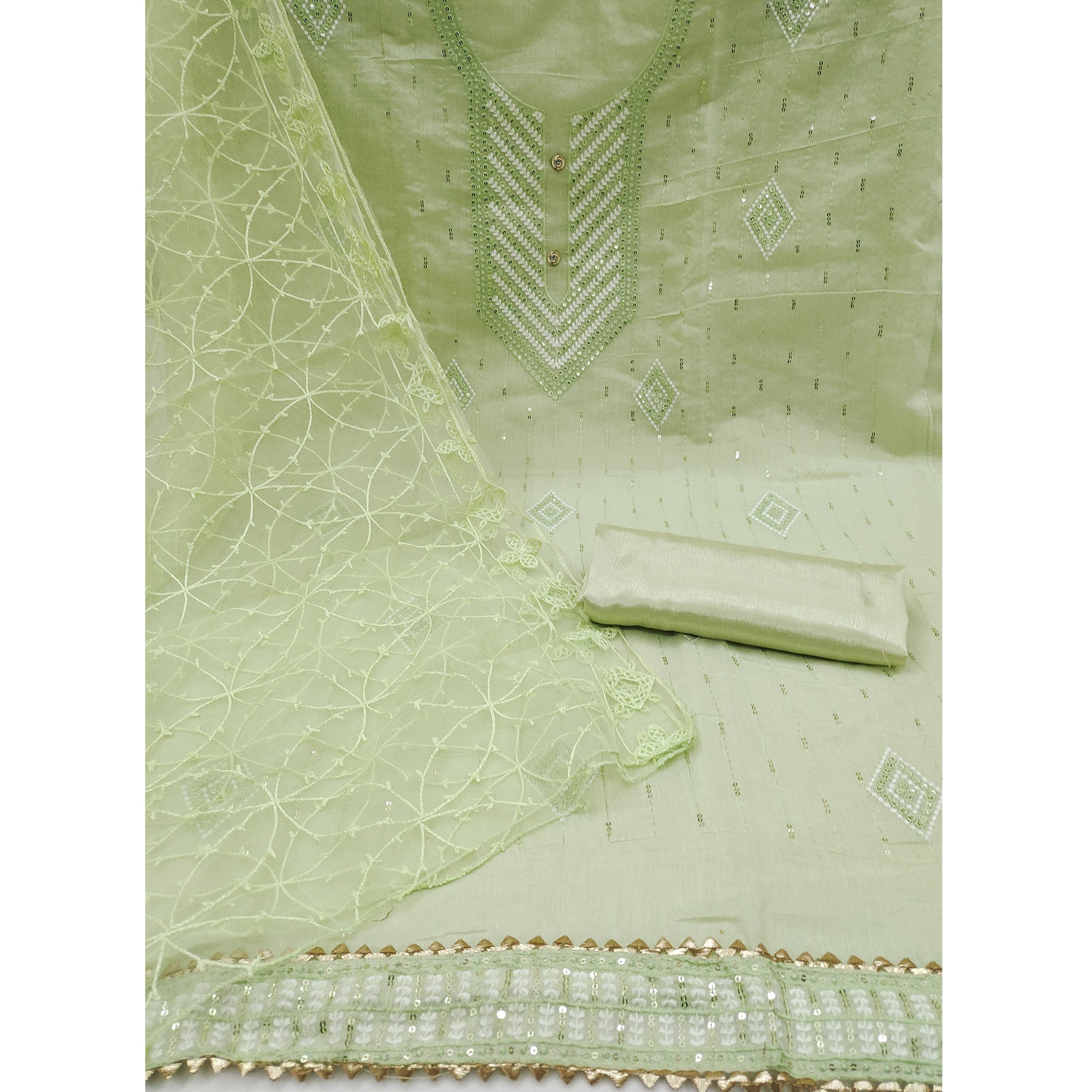 Pista Green Sequins Embroidered Organza Dress Material