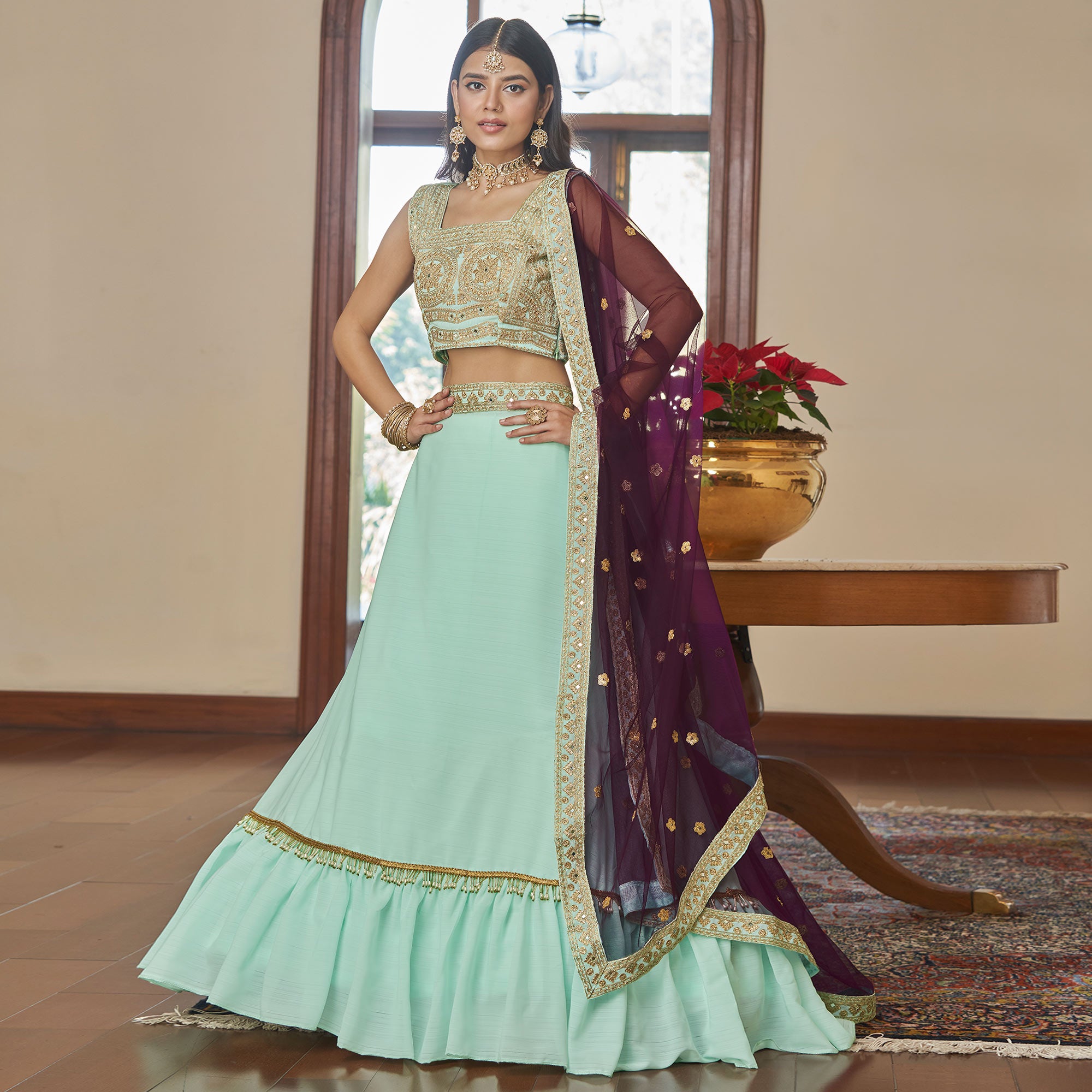 Light Aqua Green Embroidered Art Silk Lehenga Choli