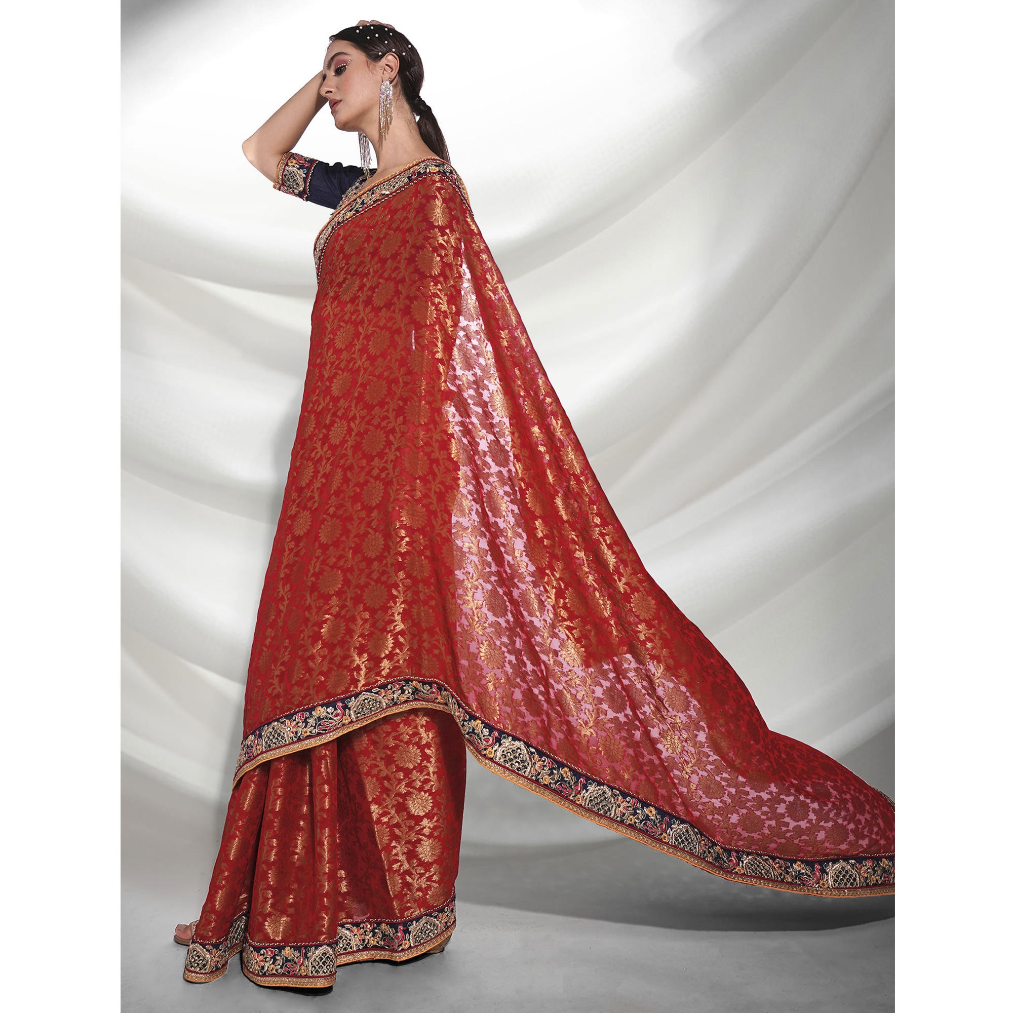 Red Woven With Embroidered Border Viscose Saree