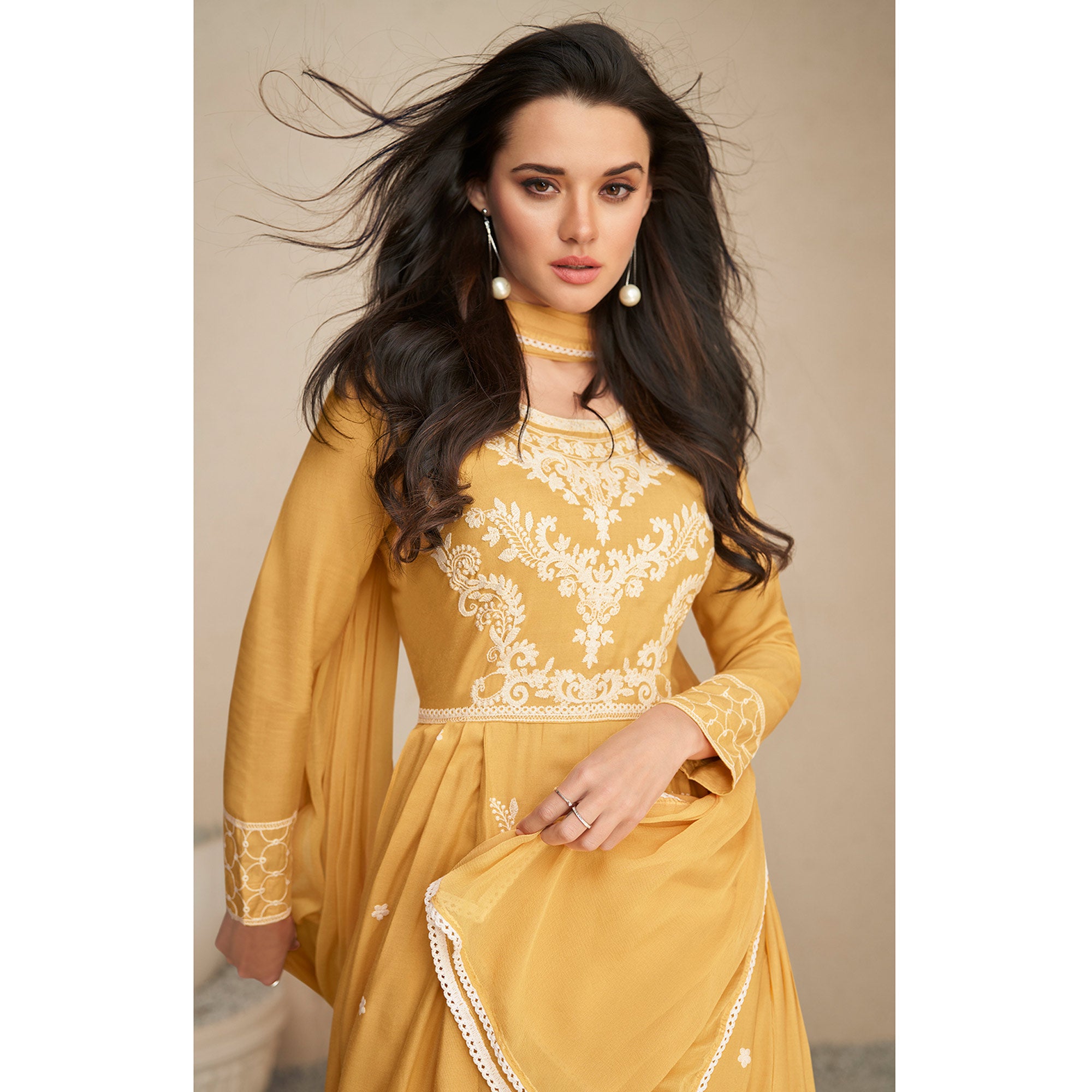 Mustard Lucknowi Embroidered Rayon Anarkali Suit