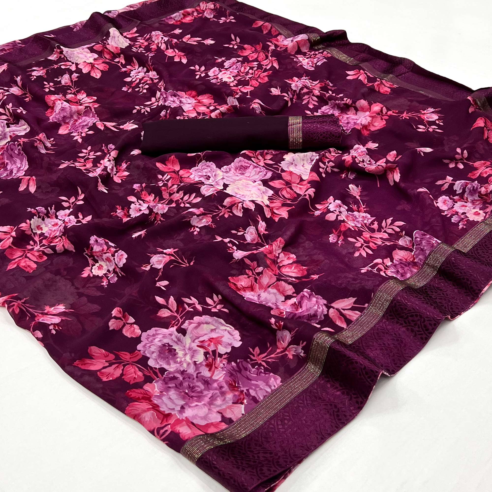 Wine Floral Printed Georgette Saree