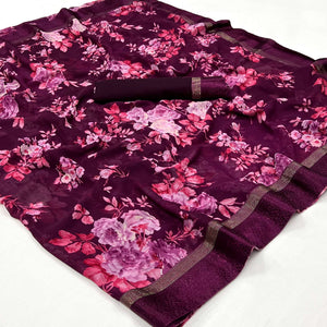 Wine Floral Printed Georgette Saree