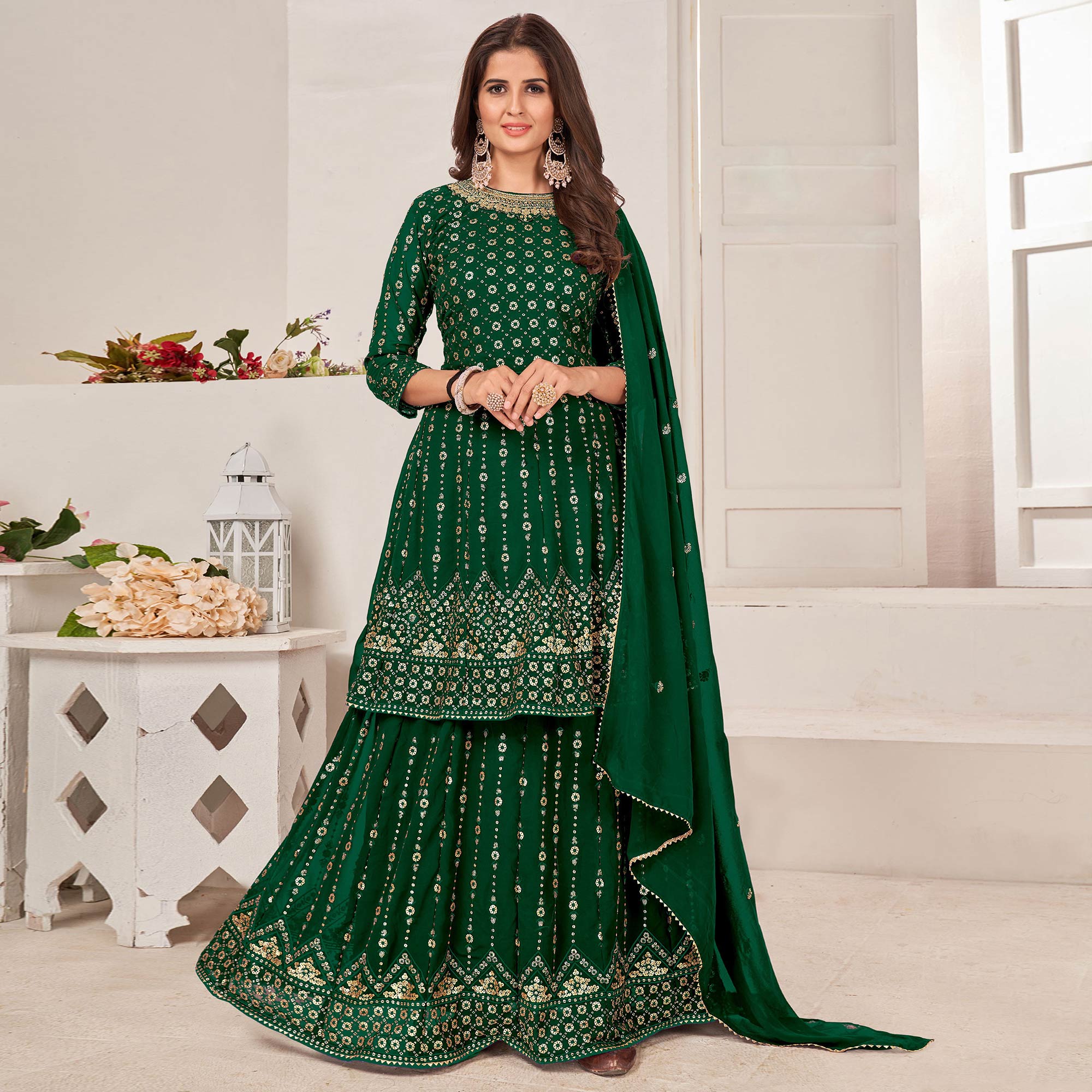 Green Sequins Embroidered Georgette Sharara Suit
