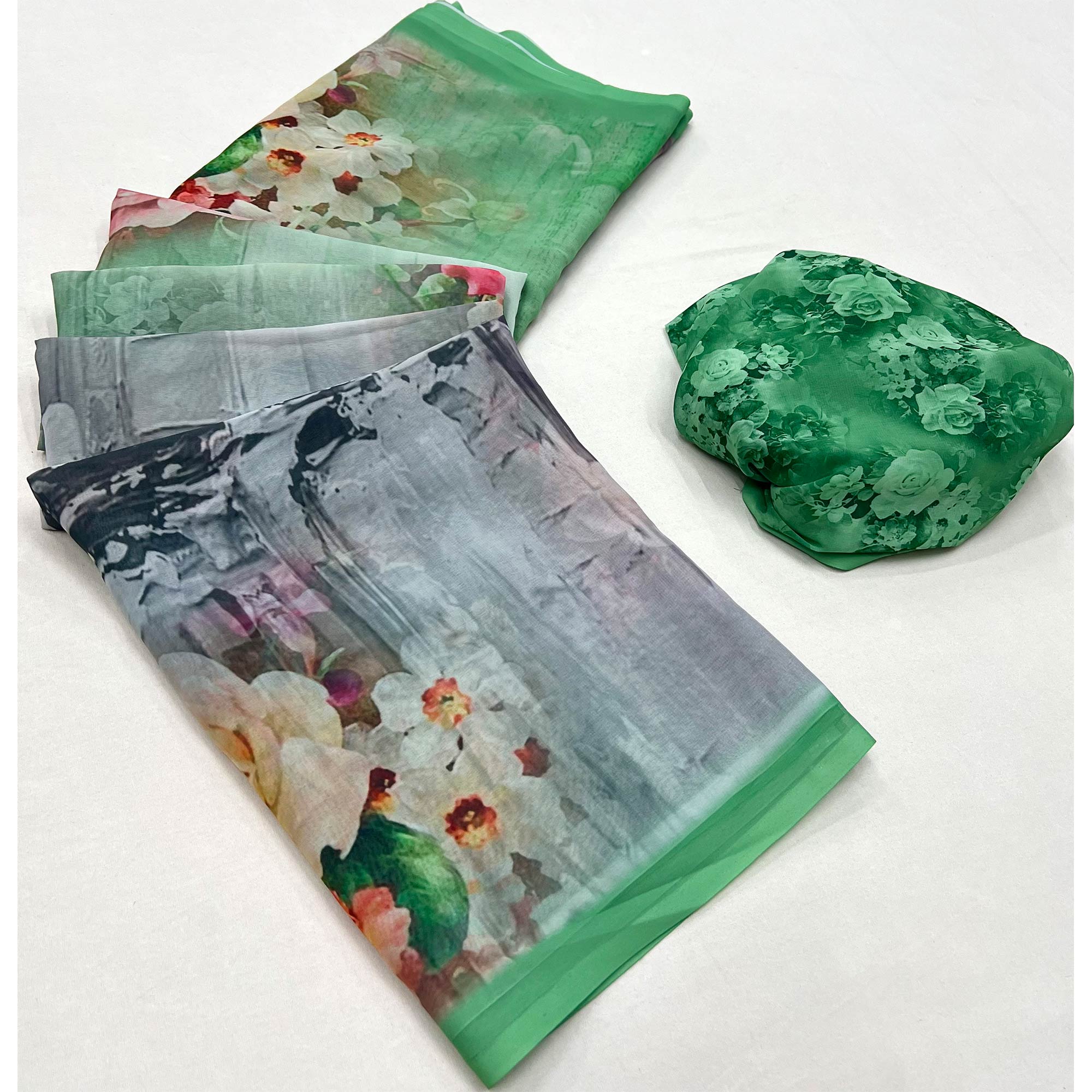 Green Digital Printed Georgette Saree