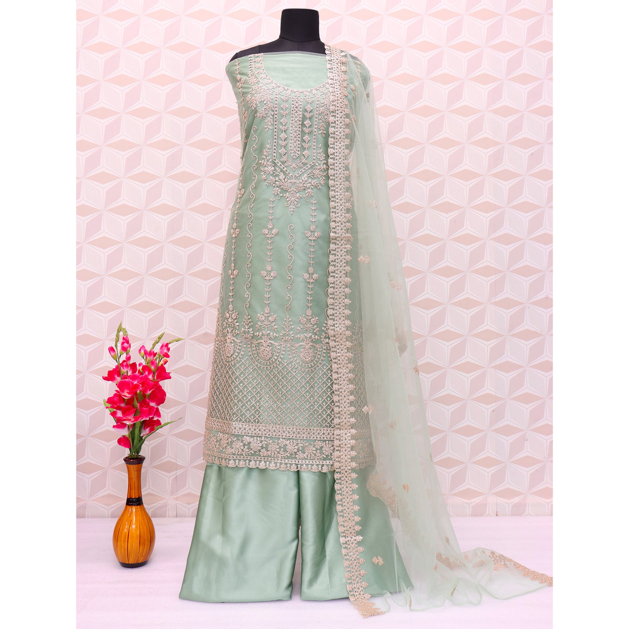 Green Floral Embroidered Netted Pakistani Suit