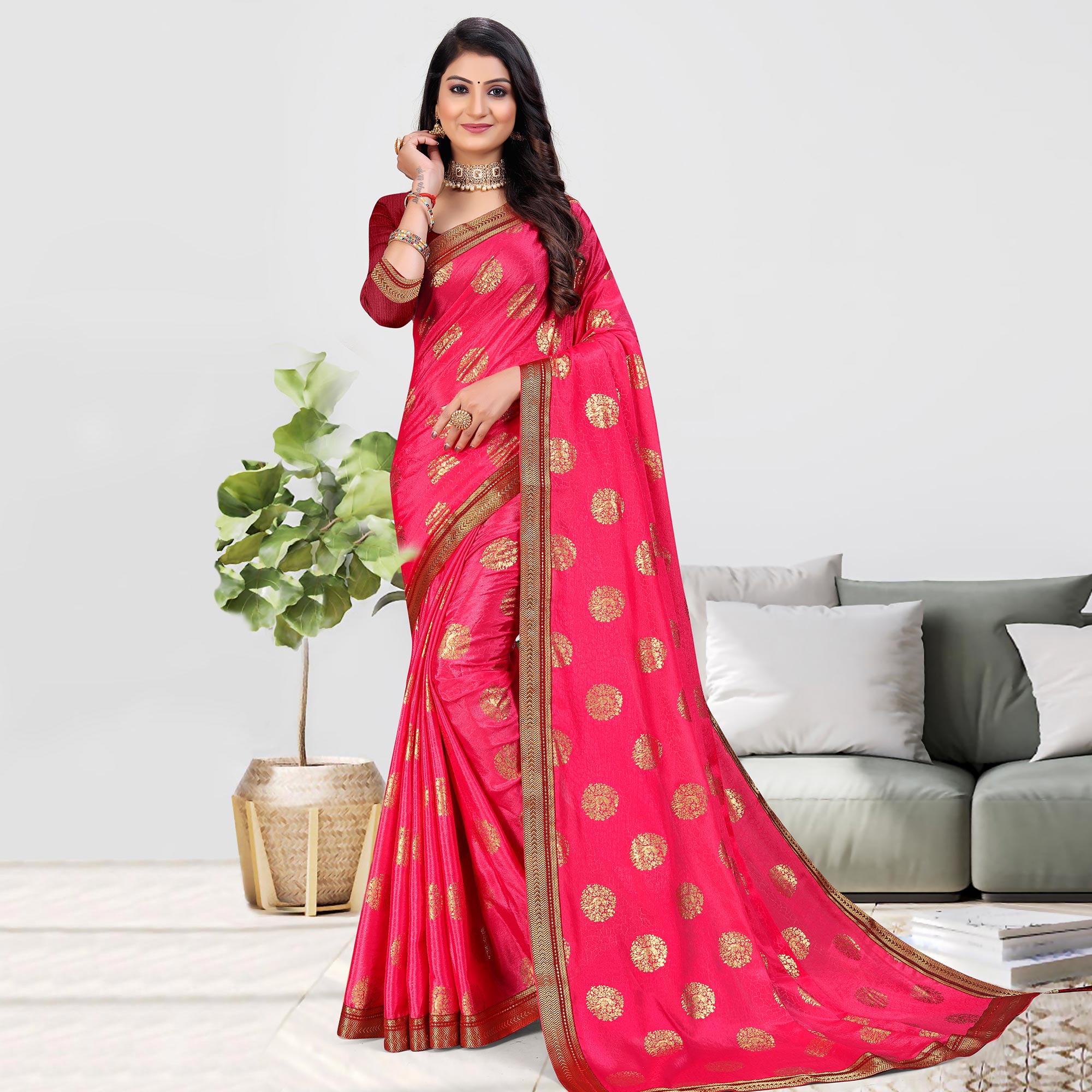 Pink Foil Printed Chiffon Saree