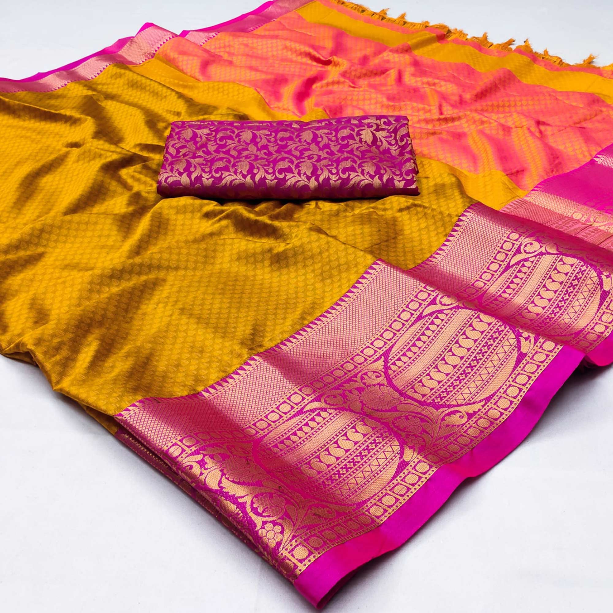 Gold Woven Cotton Silk Saree With Tassels