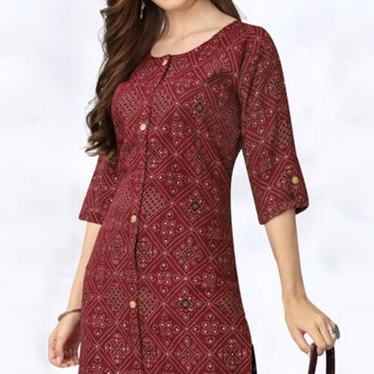 Maroon Foil Printed Rayon Kurti
