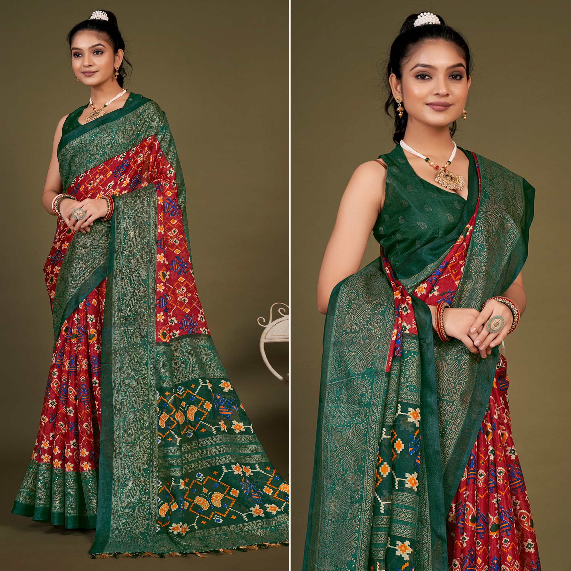 Red Printed Jute Patola Saree With Tassels