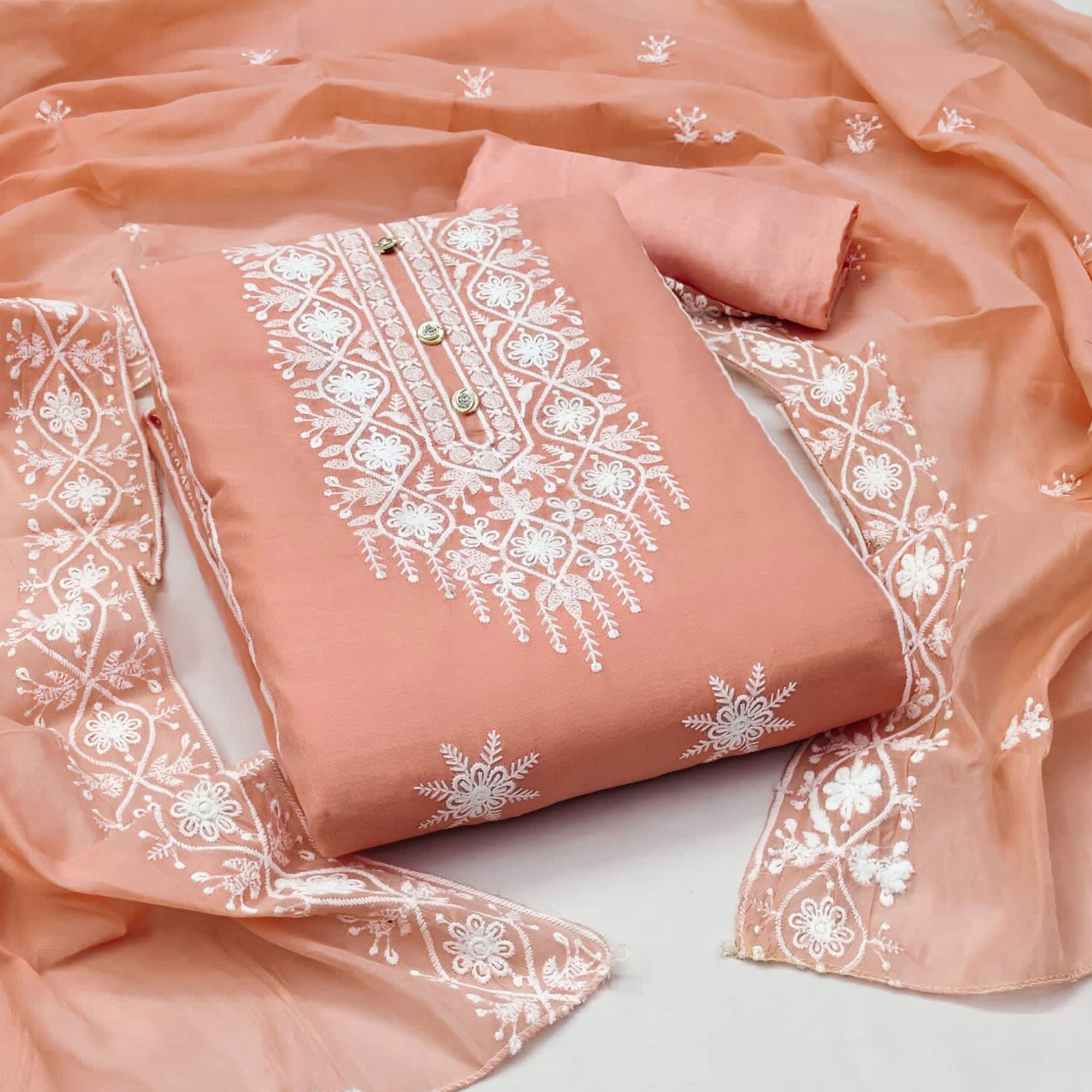 Peach Floral Embroidered Chanderi Dress Material