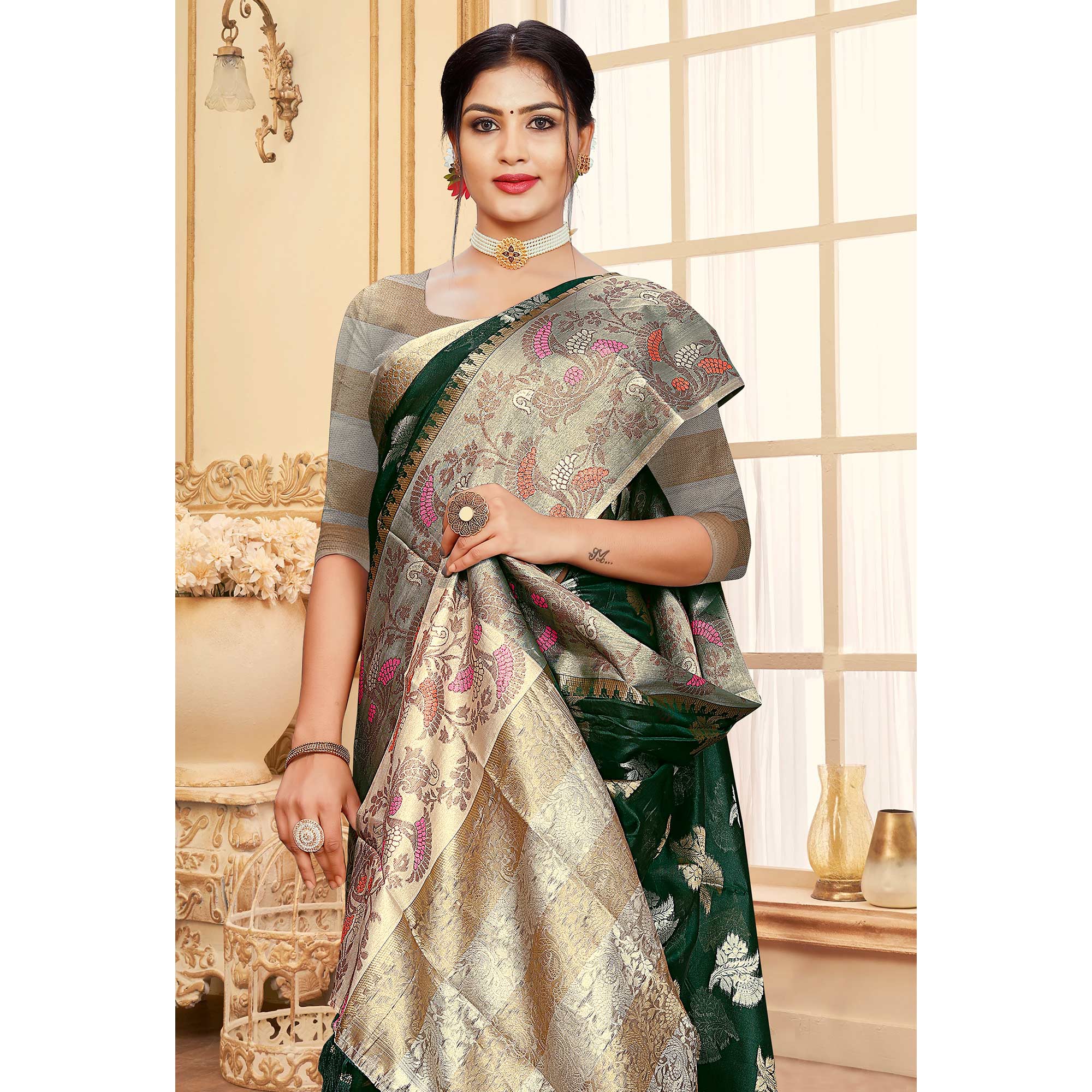 Bottle Green Floral Woven Organza Saree With Tassels