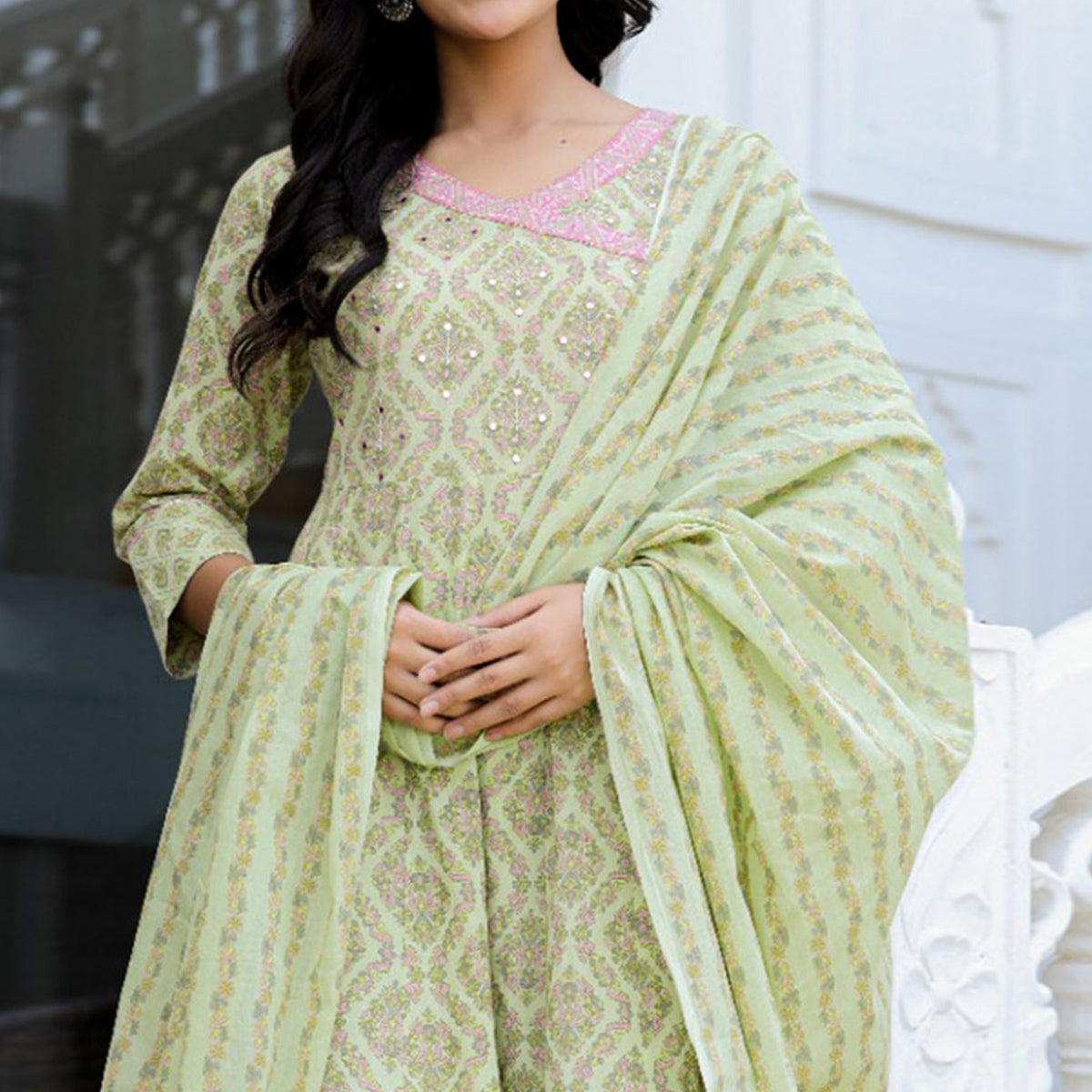 Green Floral Printed Pure Cotton Anarkali Suit