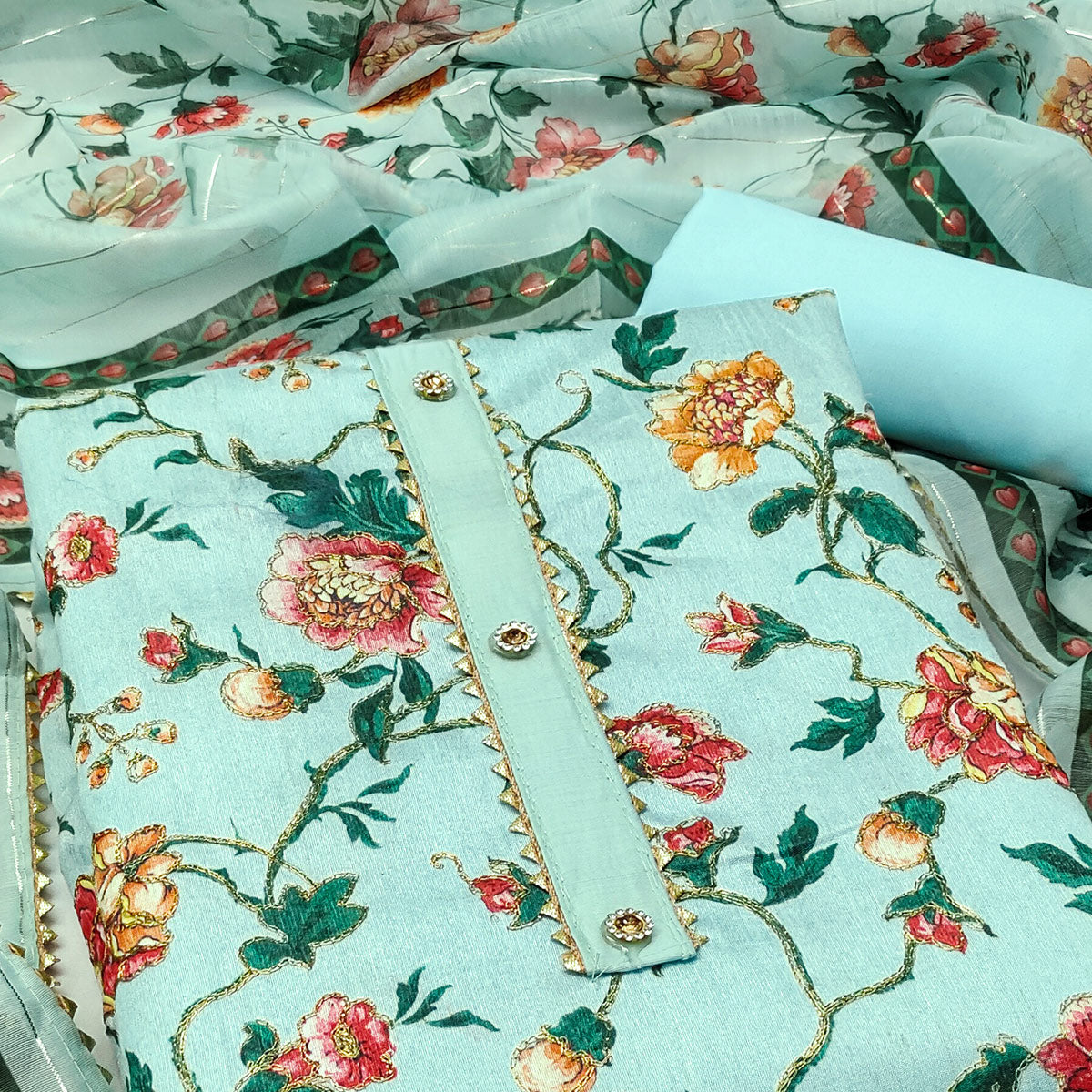 Blue Floral Printed Banglori Silk Dress Material