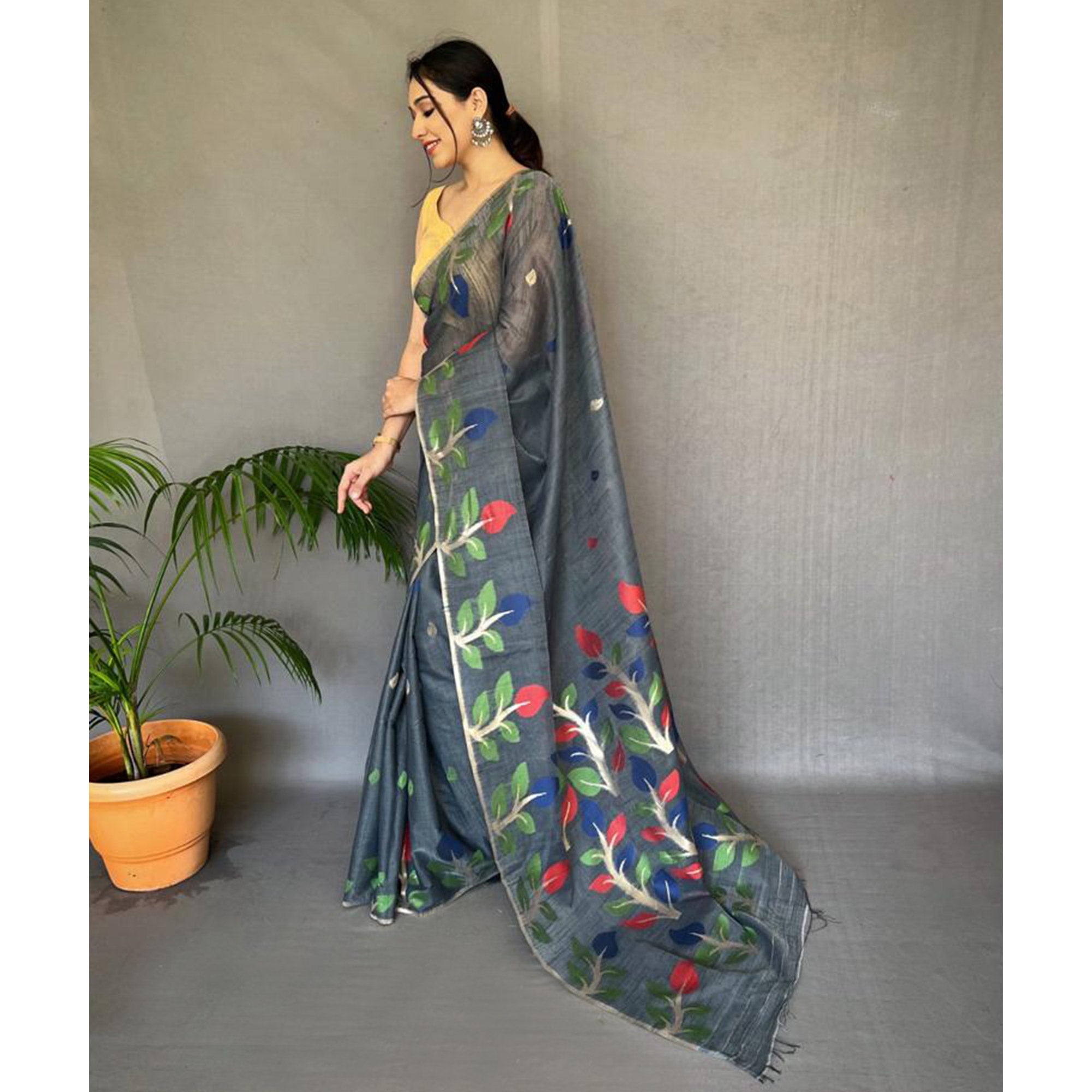 Grey Floral Woven Cotton Saree