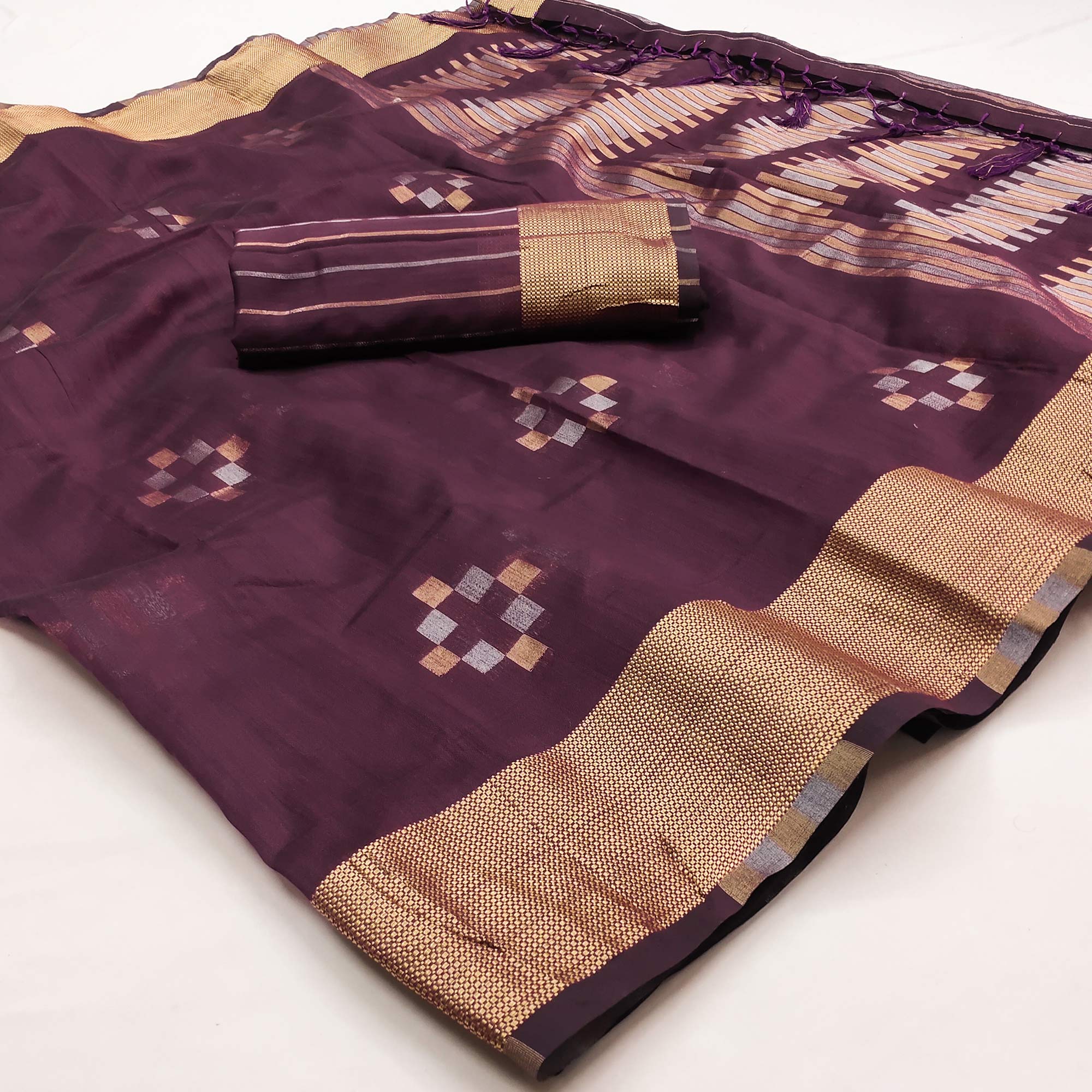 Wine Woven Khaadi Saree With Tassels