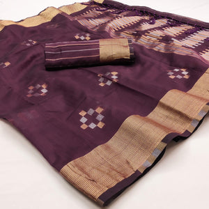 Wine Woven Khaadi Saree With Tassels