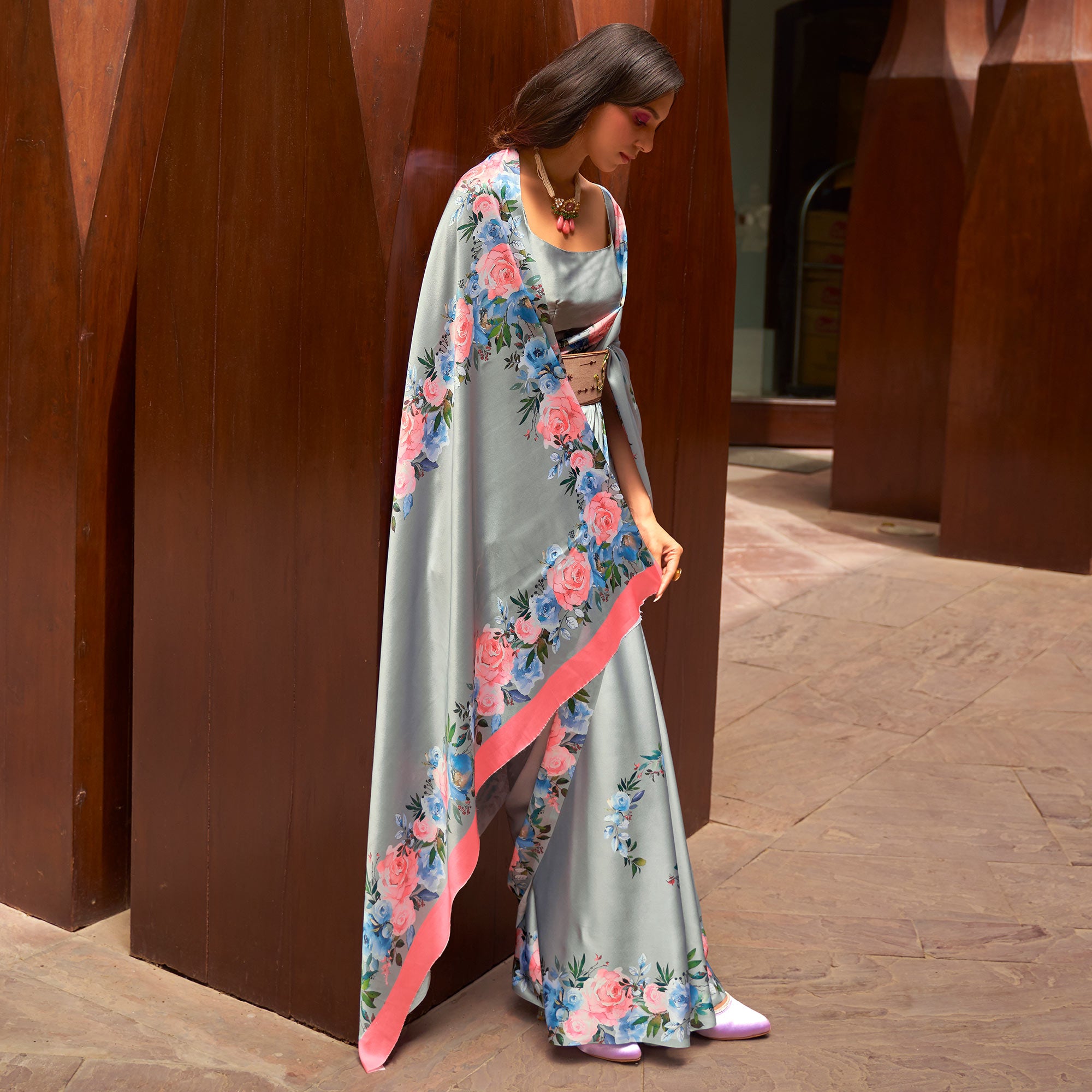 Grey Floral Digital Printed Satin Saree