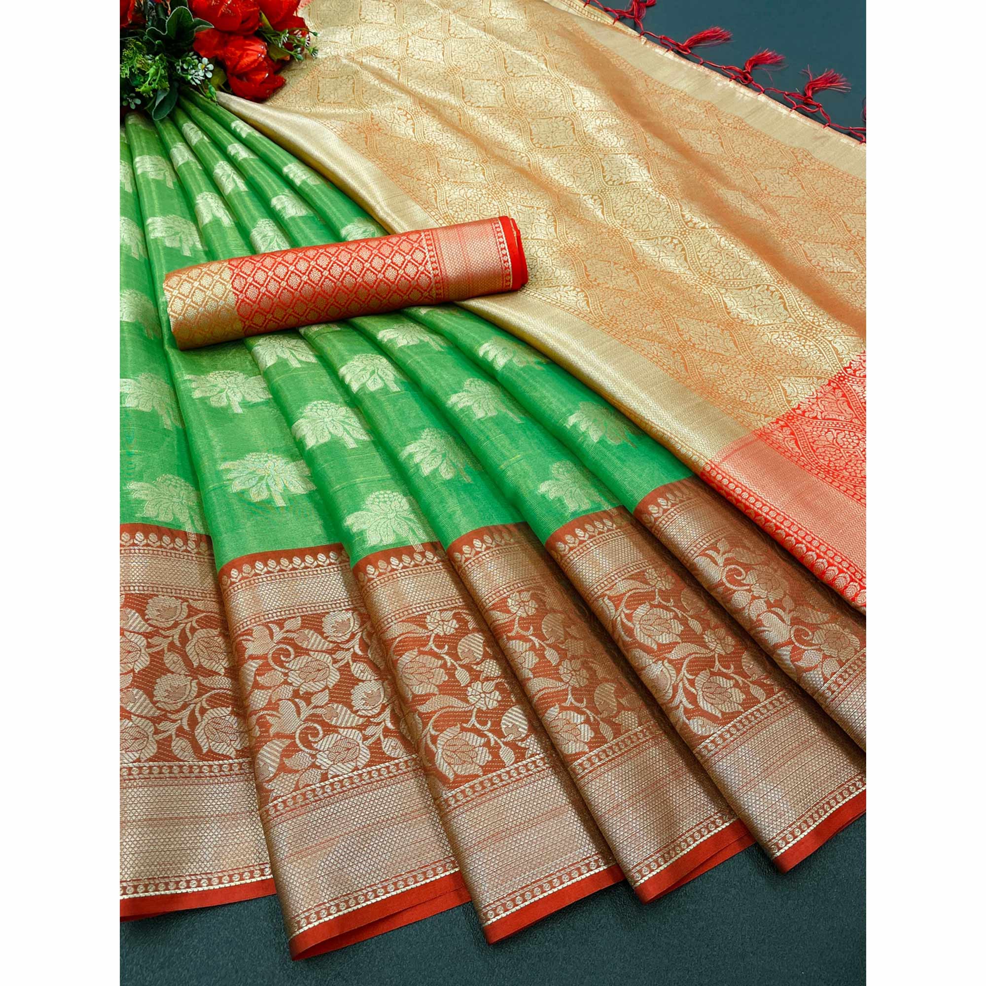 Green Woven Art Silk Saree With Tassels