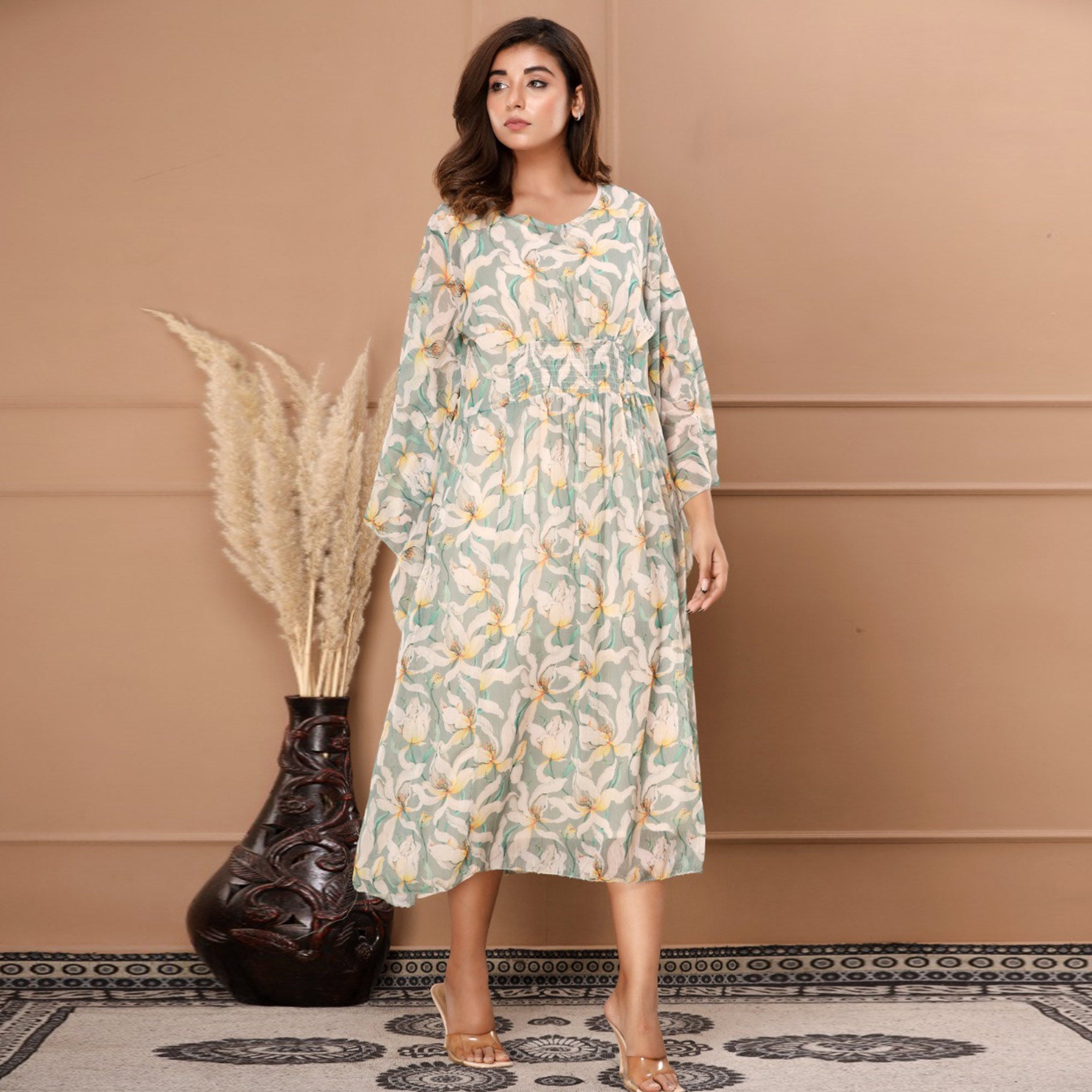 Green Floral Printed Chiffon Dress