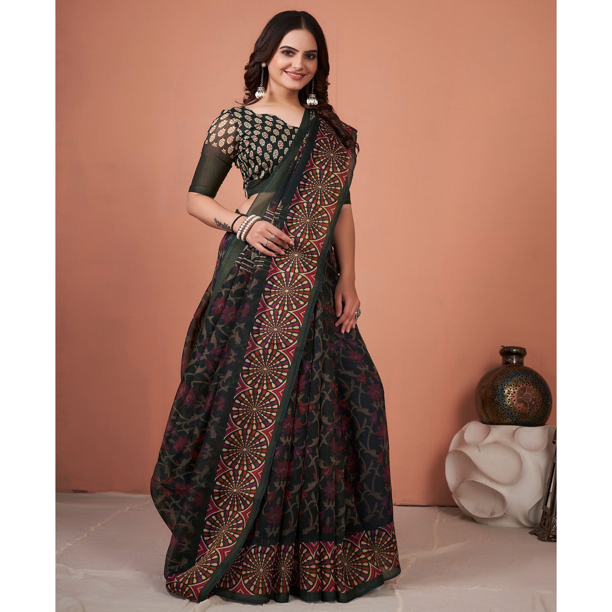 Black Printed Cotton Saree With Tassels