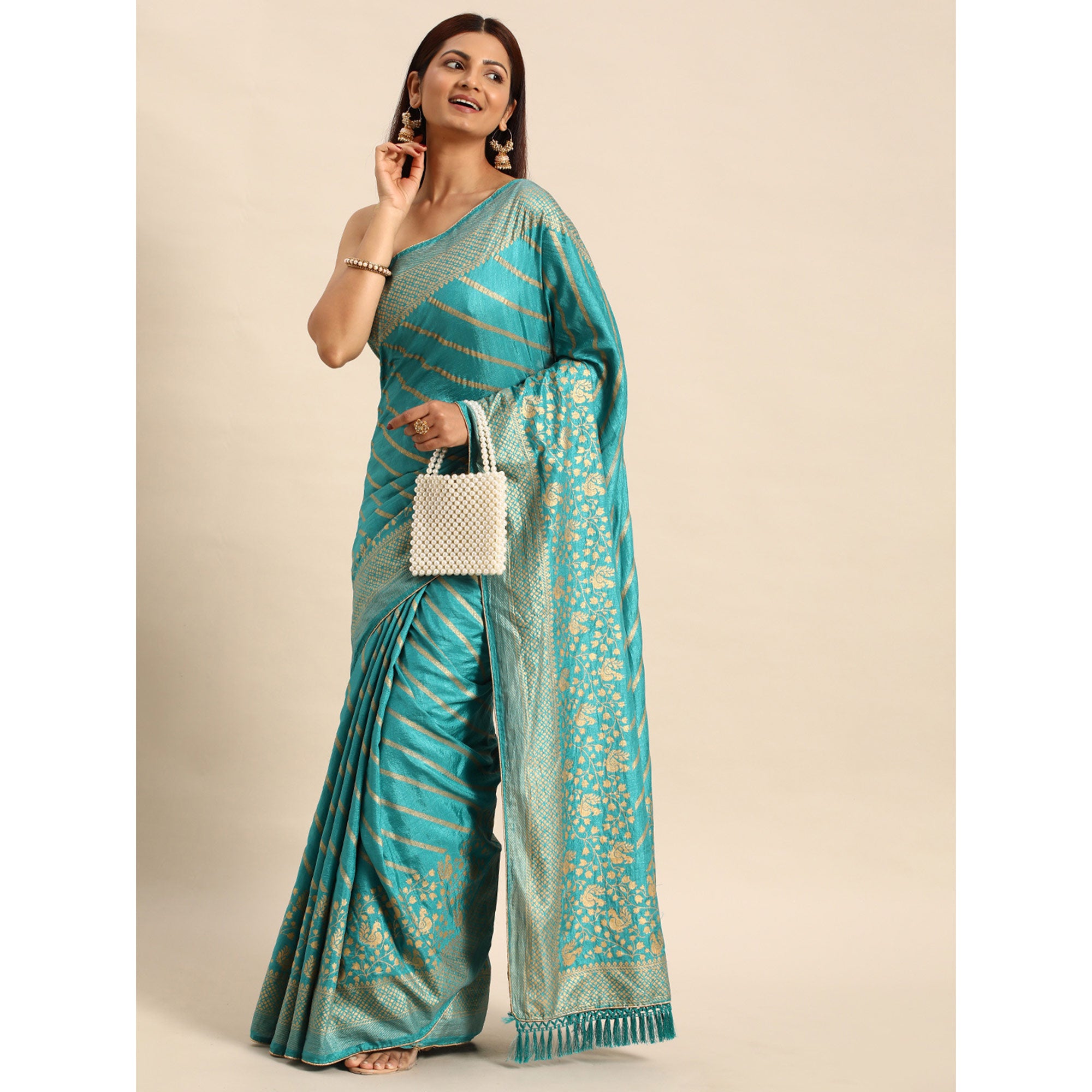 Elegant Blue Vichitra Silk Saree with Golden Zari Stripes and Floral Border