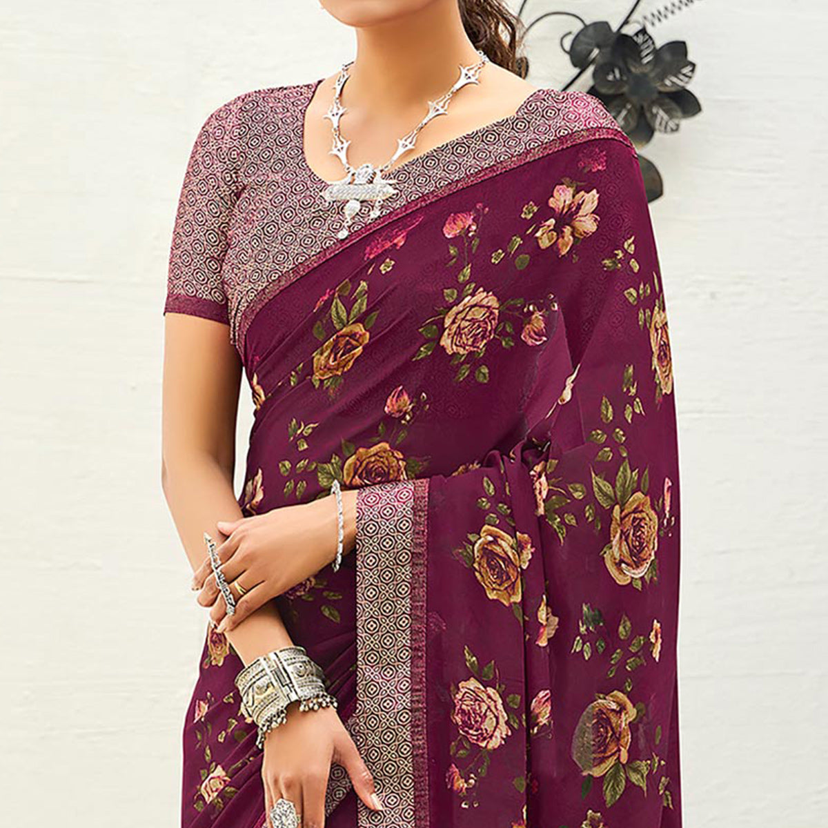 Purple Floral Printed Georgette Saree