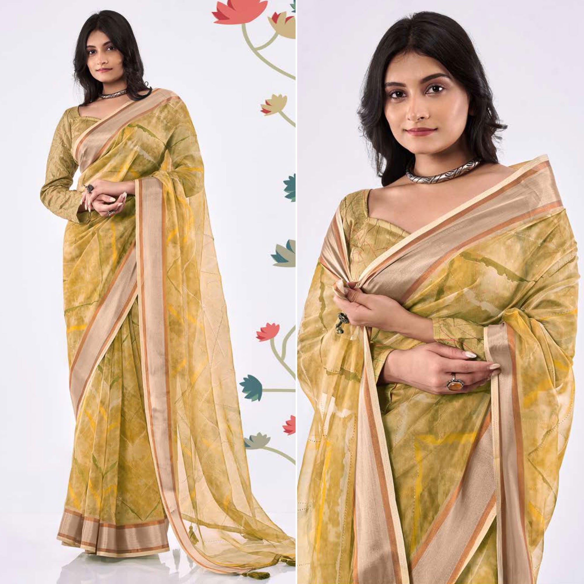 Mustard Printed Organza Saree With Woven Border