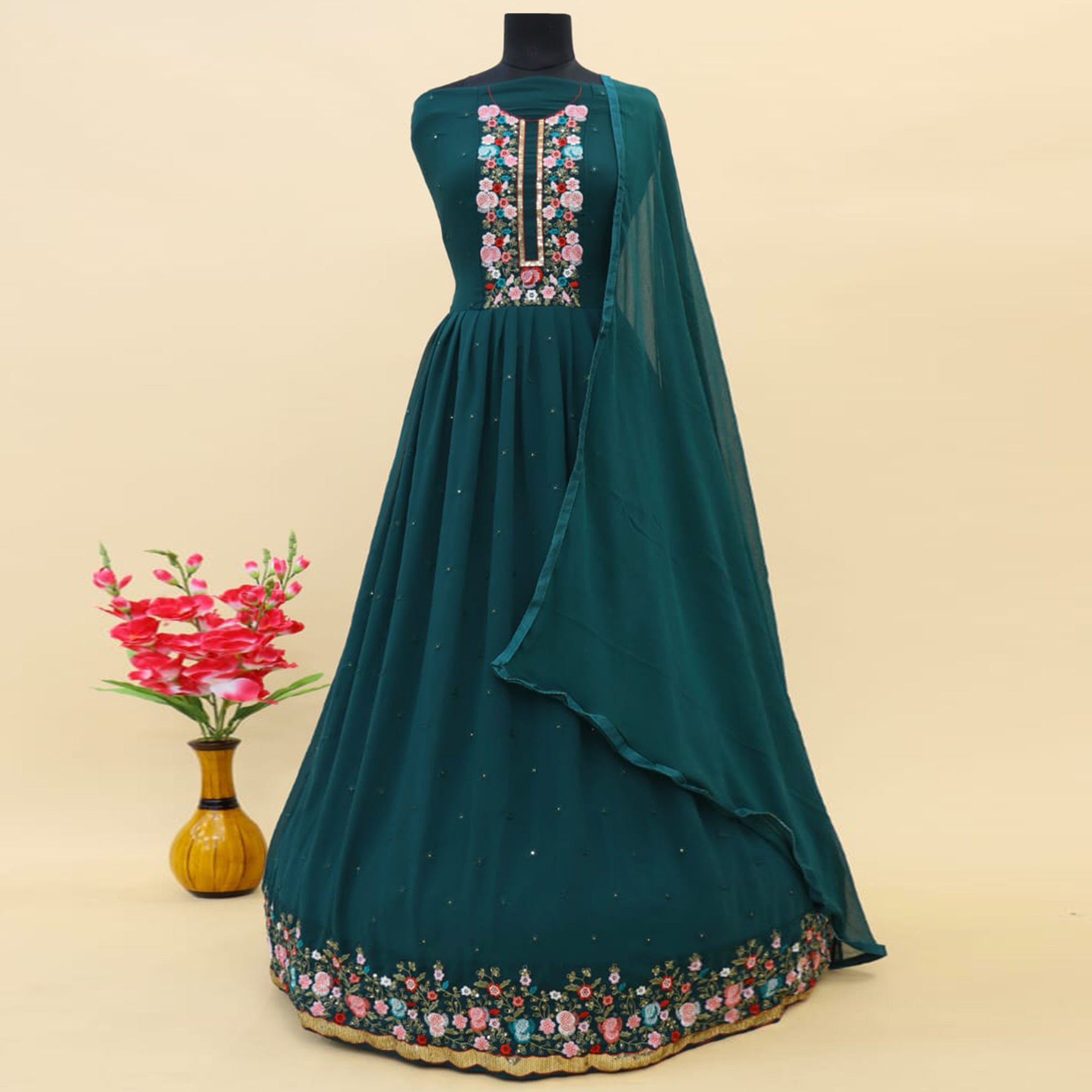 Rama Green Embroidered Georgette Gown