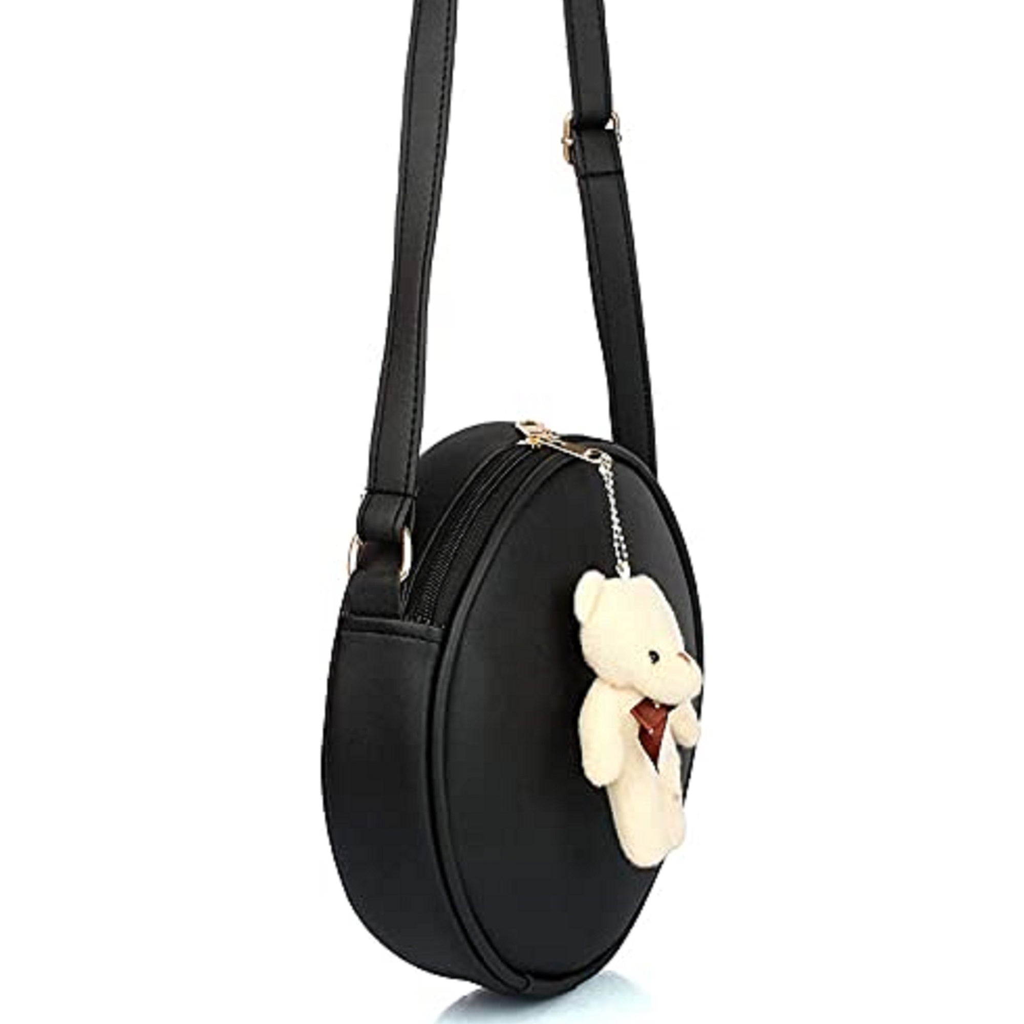 TMN - Women Black Vegan Leather Sling Bag with Attached Teddy