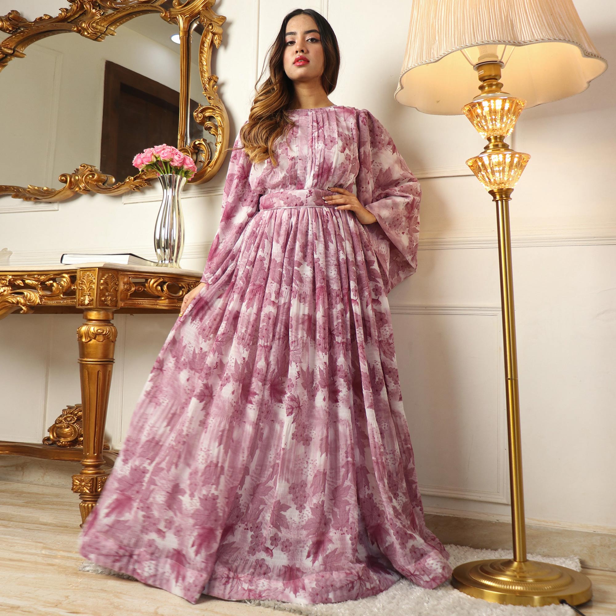 Mauve Floral Printed Georgette Gown