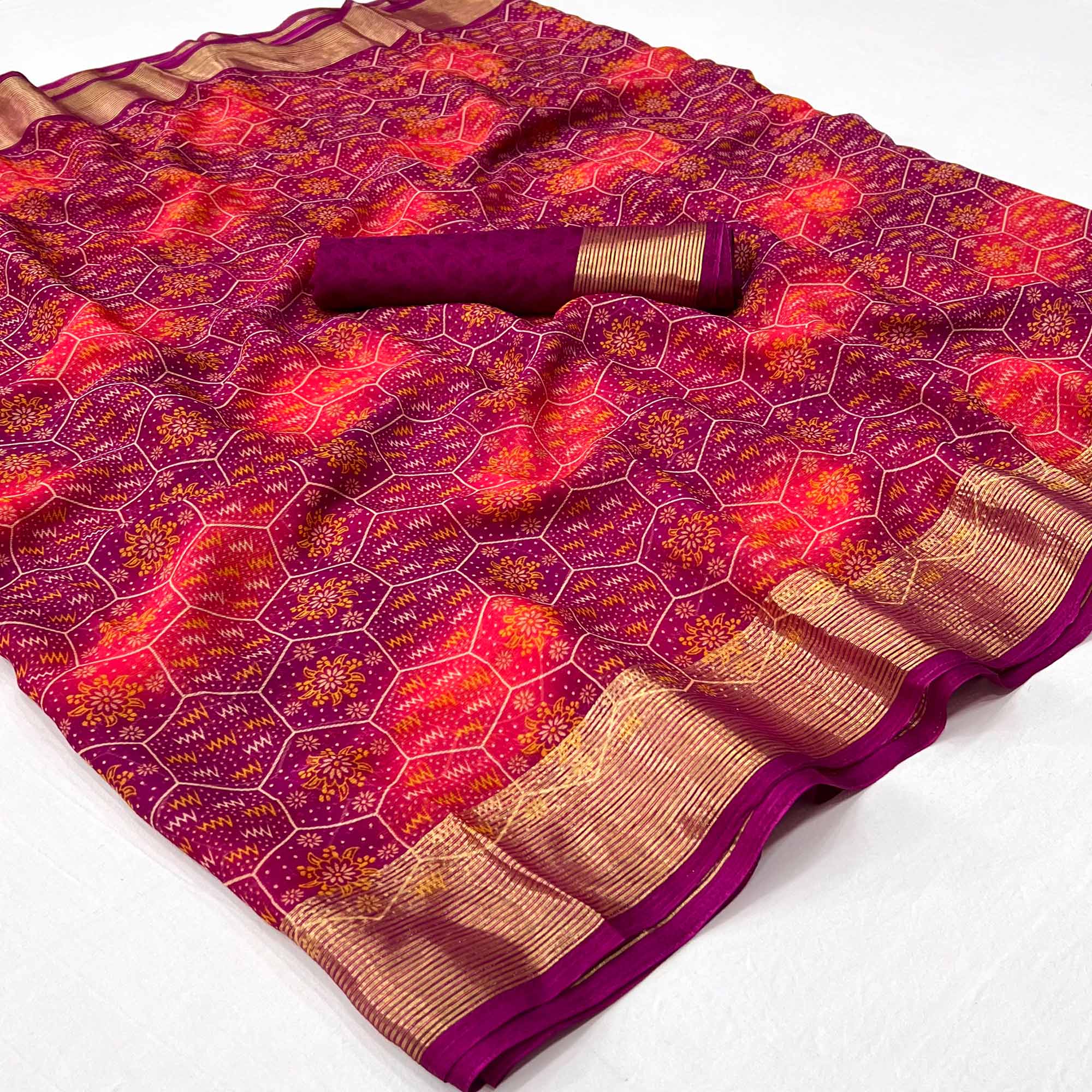 Purple & Pink Floral Printed Chiffon Saree