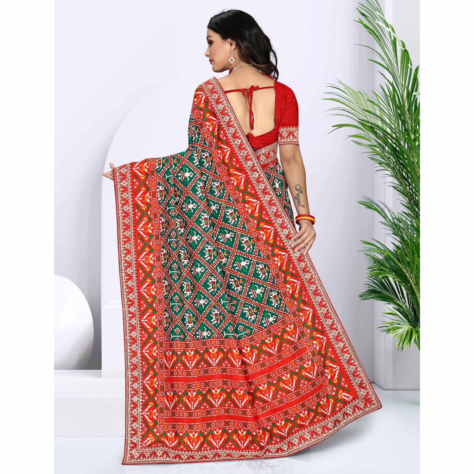 Green & Red Digital Printed With Sequins Vichitra Silk Saree