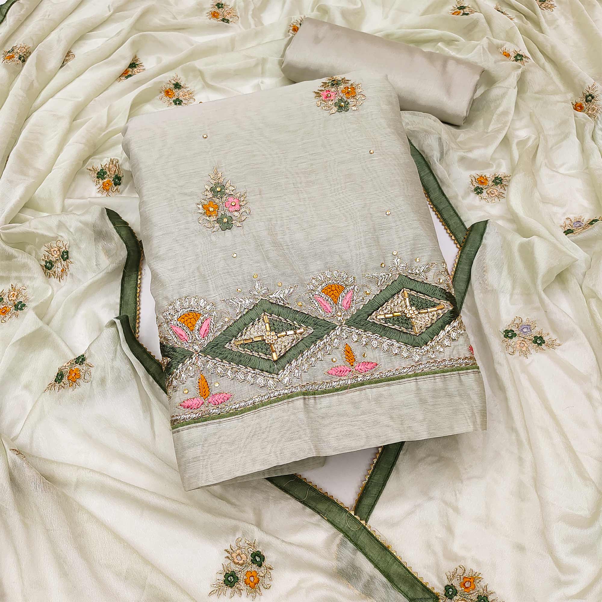 Grey Floral Embroidered Modal Dress Material