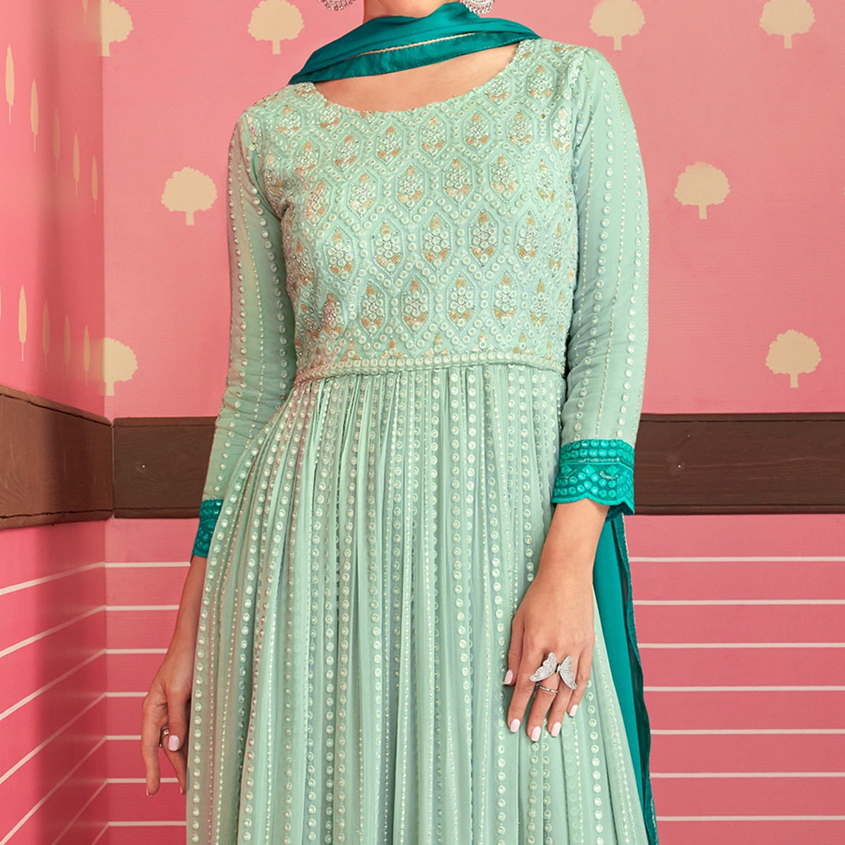 Light Green Sequins Embroidered Georgette Naira Cut Sharara Suit