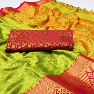 Green Woven Cotton Silk Saree With Tassels