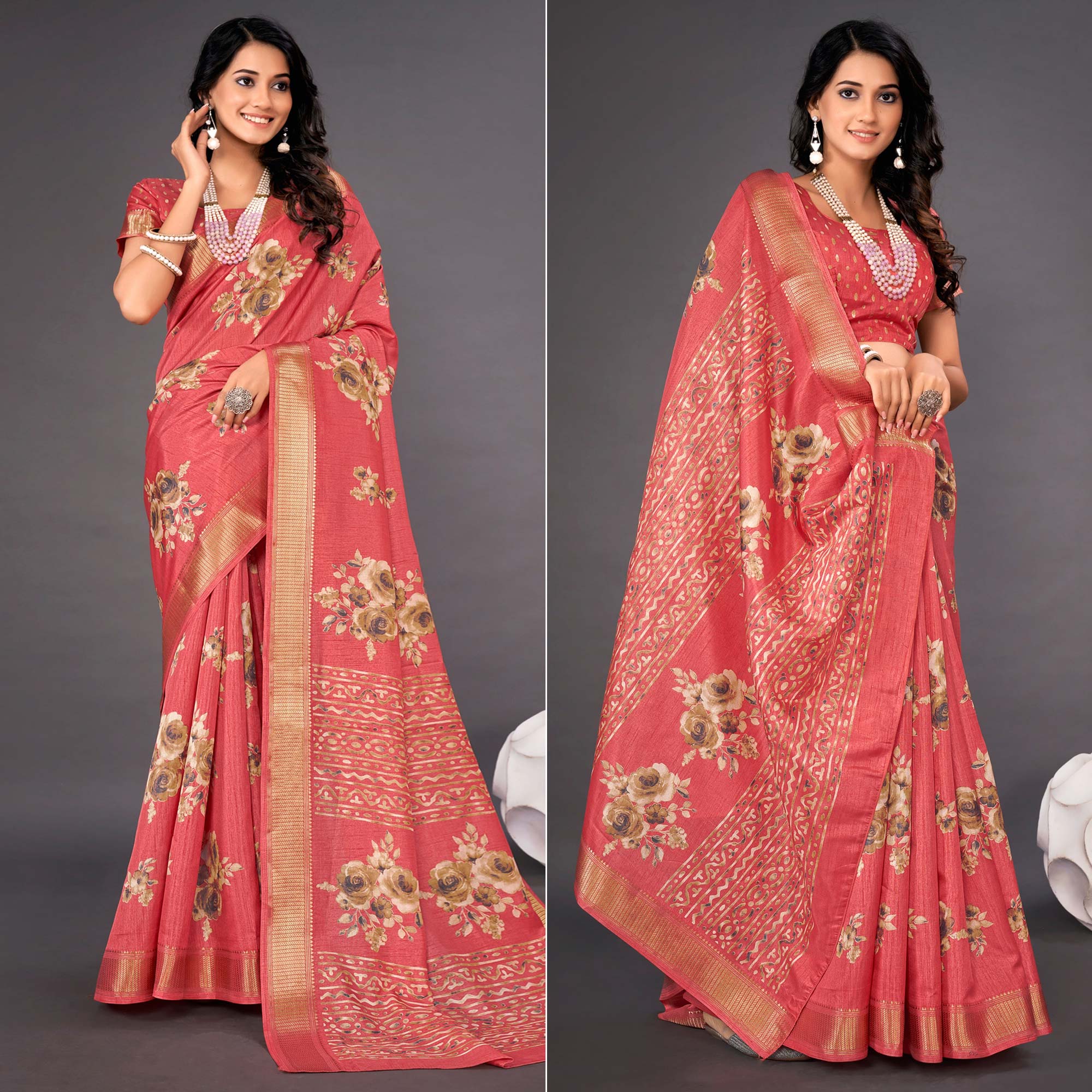 Pink Floral Printed Dola Silk Saree