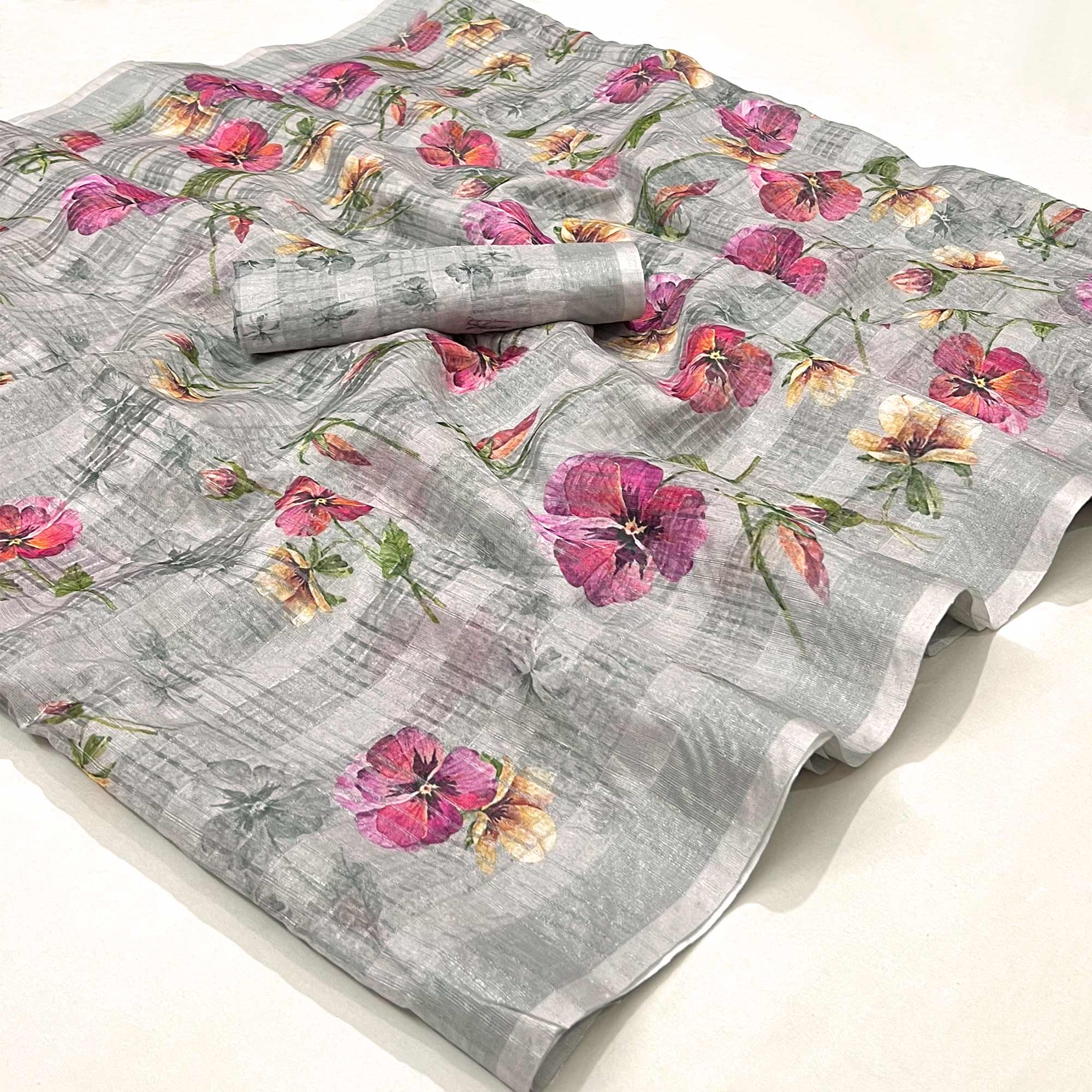 Grey Floral Digital Printed Cotton Silk Saree
