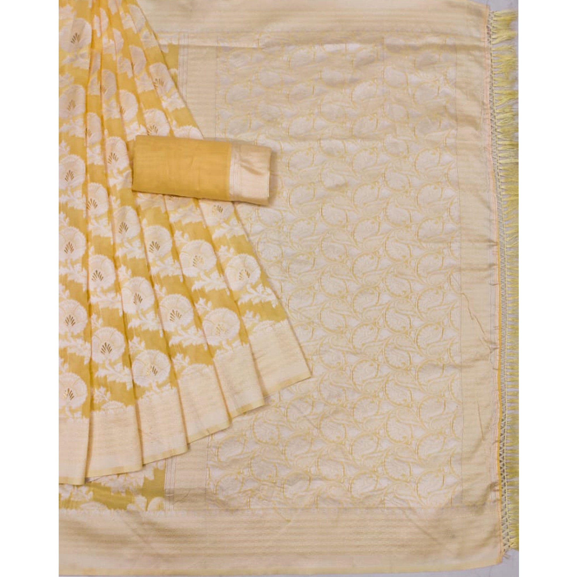 Yellow Woven Cotton Blend Saree With Tassels