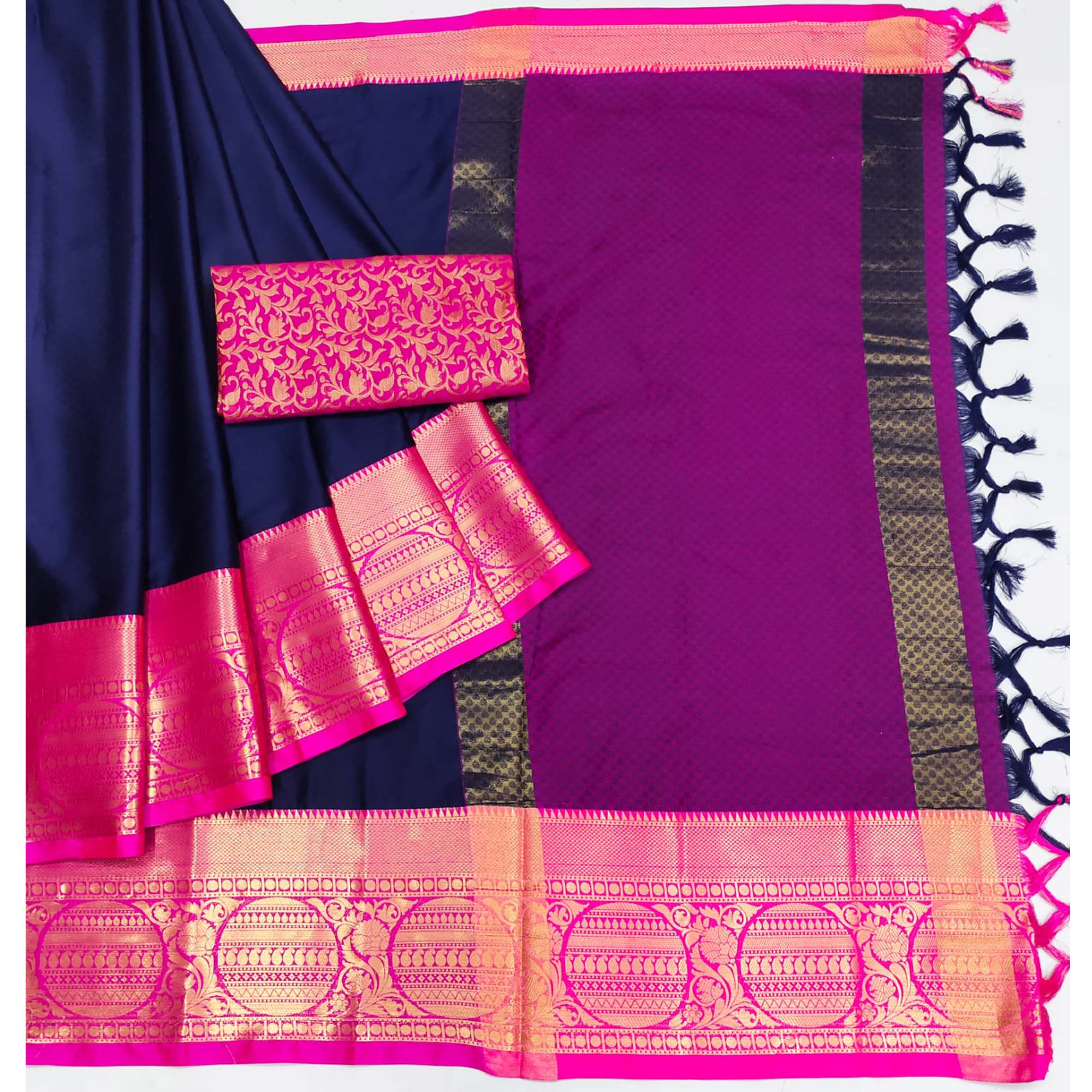 Navy Blue Woven Cotton Silk Saree With Tassels