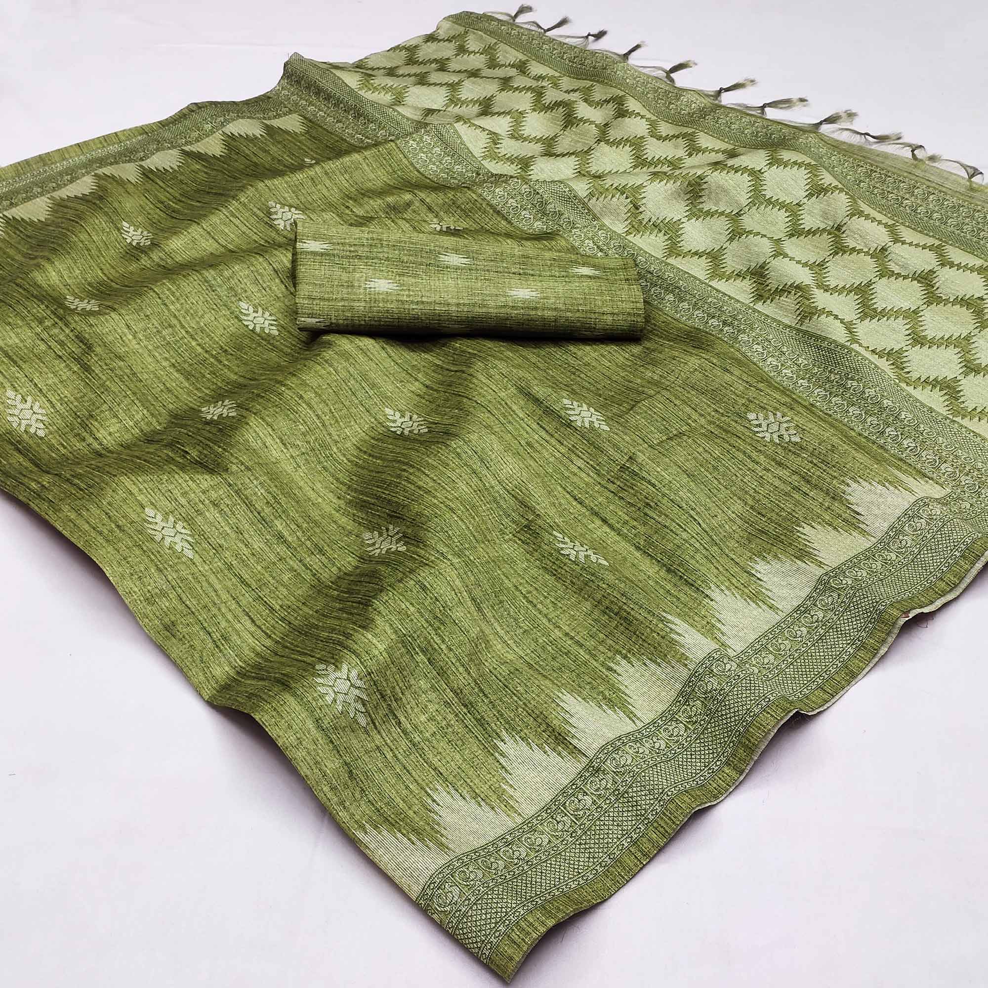 Green Printed Tussar Silk Saree With Tassels
