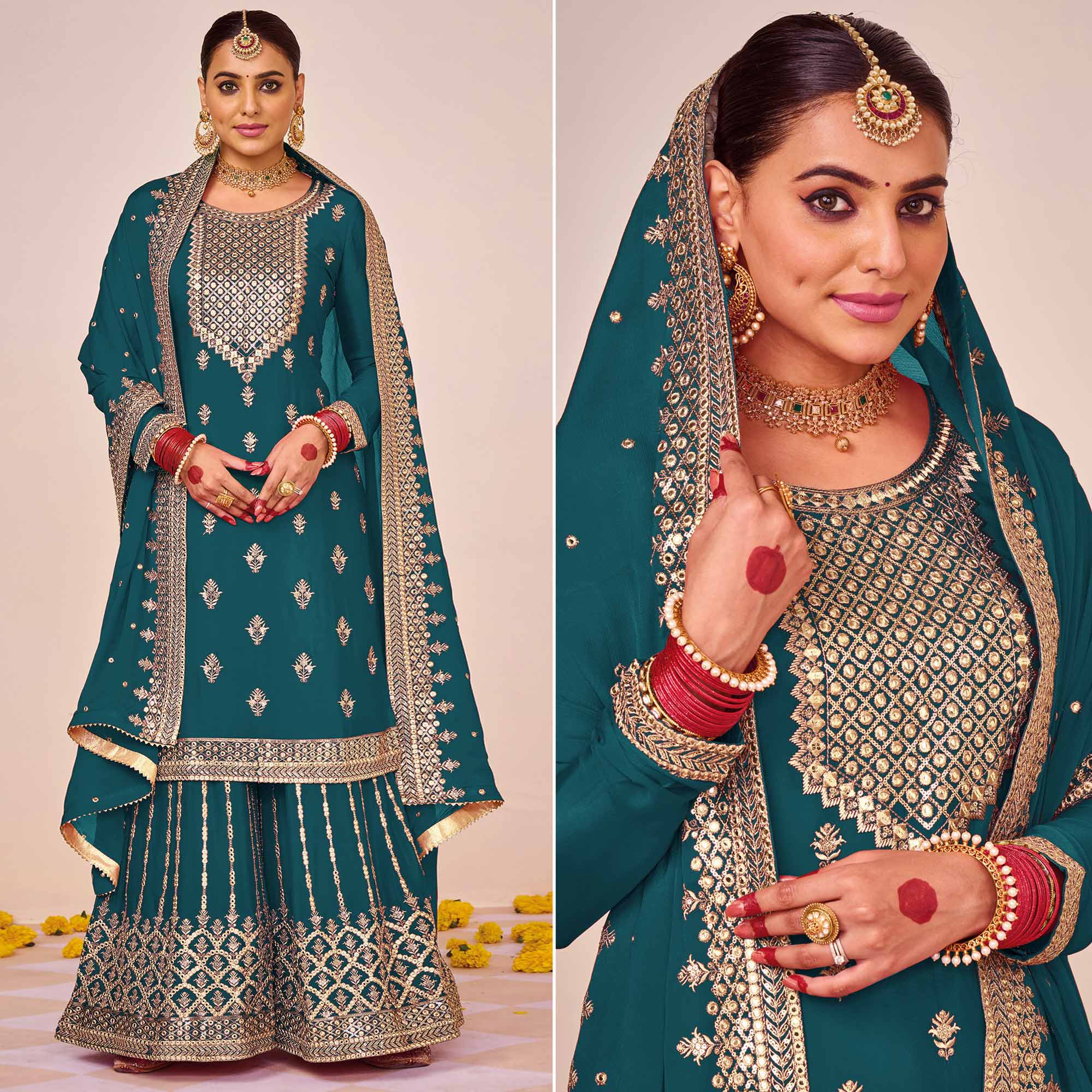 Sea Blue Embroidered Georgette Sharara Suit