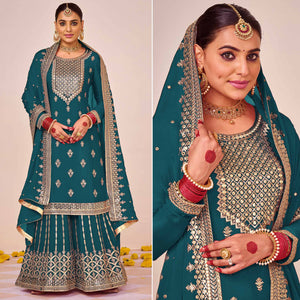 Sea Blue Embroidered Georgette Sharara Suit