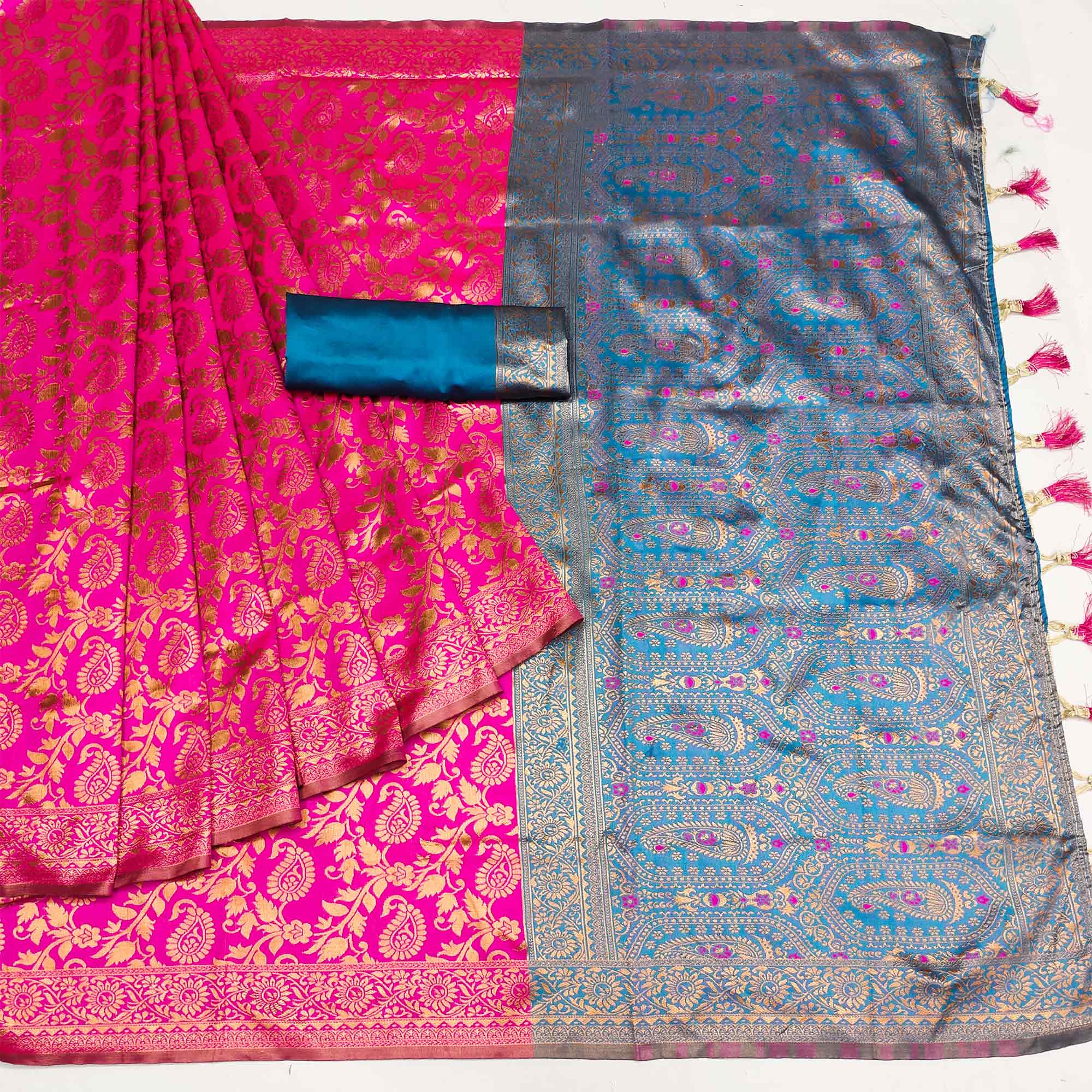 Magenta Pink Floral Woven Jacquard Saree