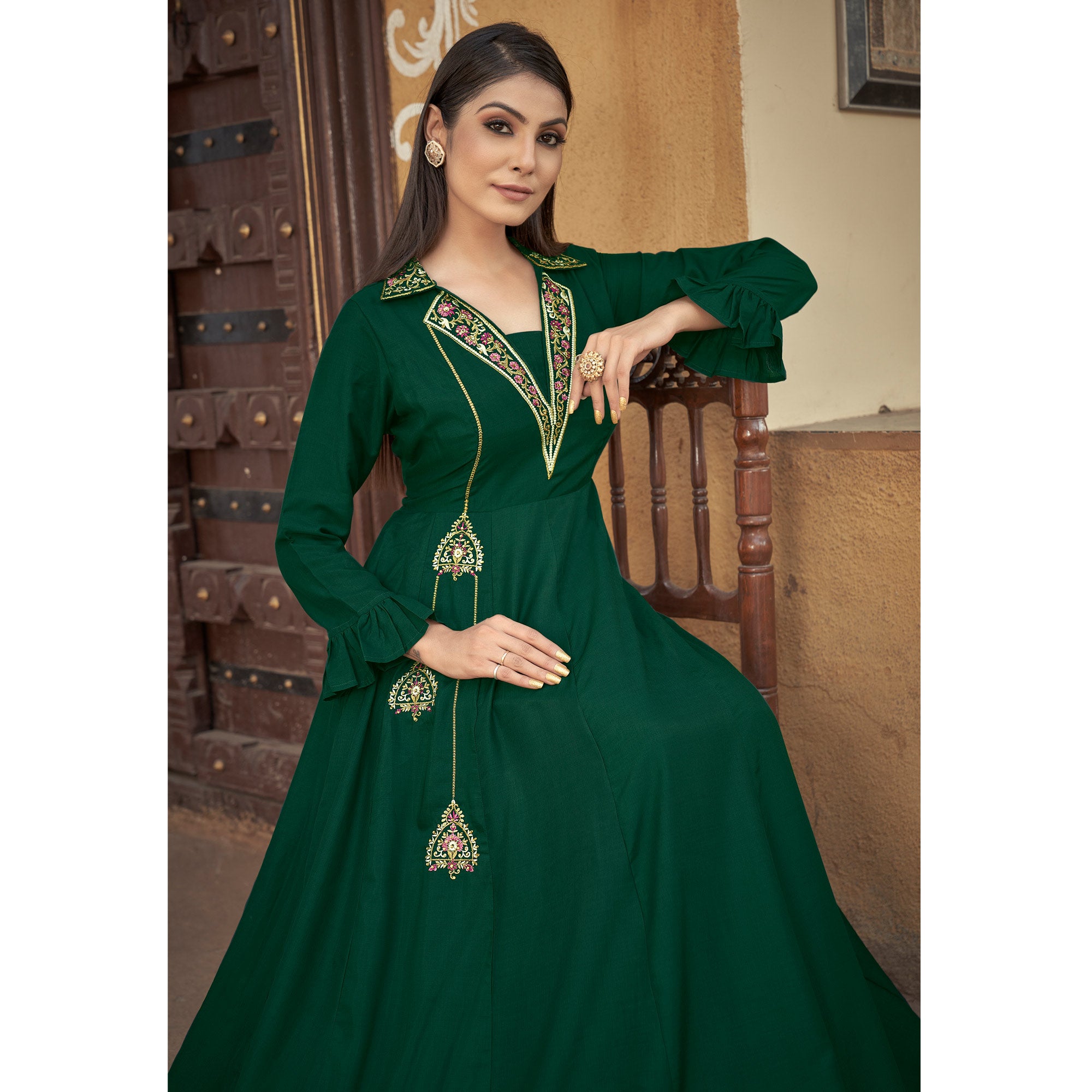 Green Floral Embroidered Muslin Gown
