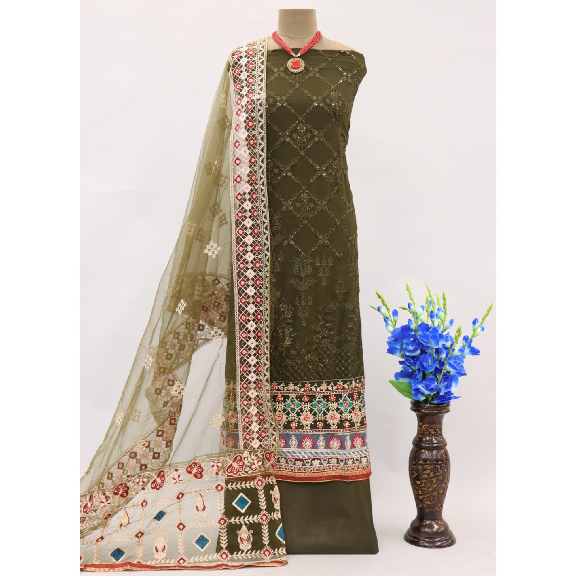 Mehendi Green Sequins Embroidered Georgette Pakistani Suit