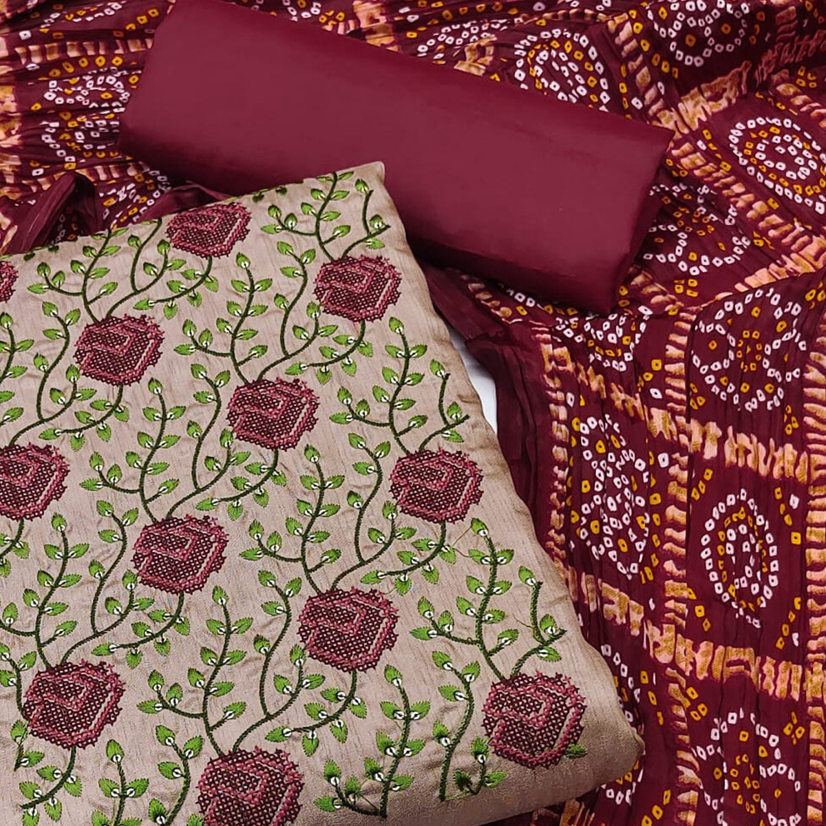 Brown Embroidered Art Silk Dress Material