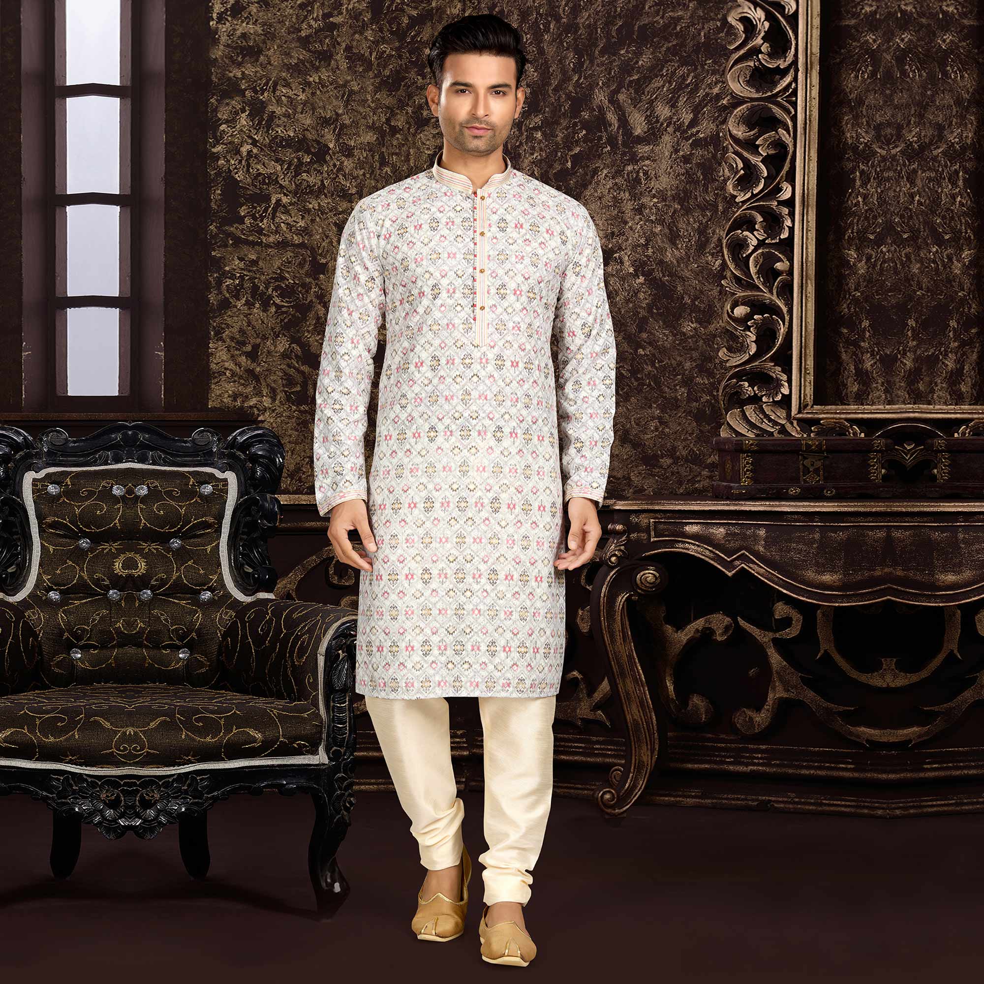Offwhite Lucknowi And Digital Printed Cotton Kurta Pyjama Set
